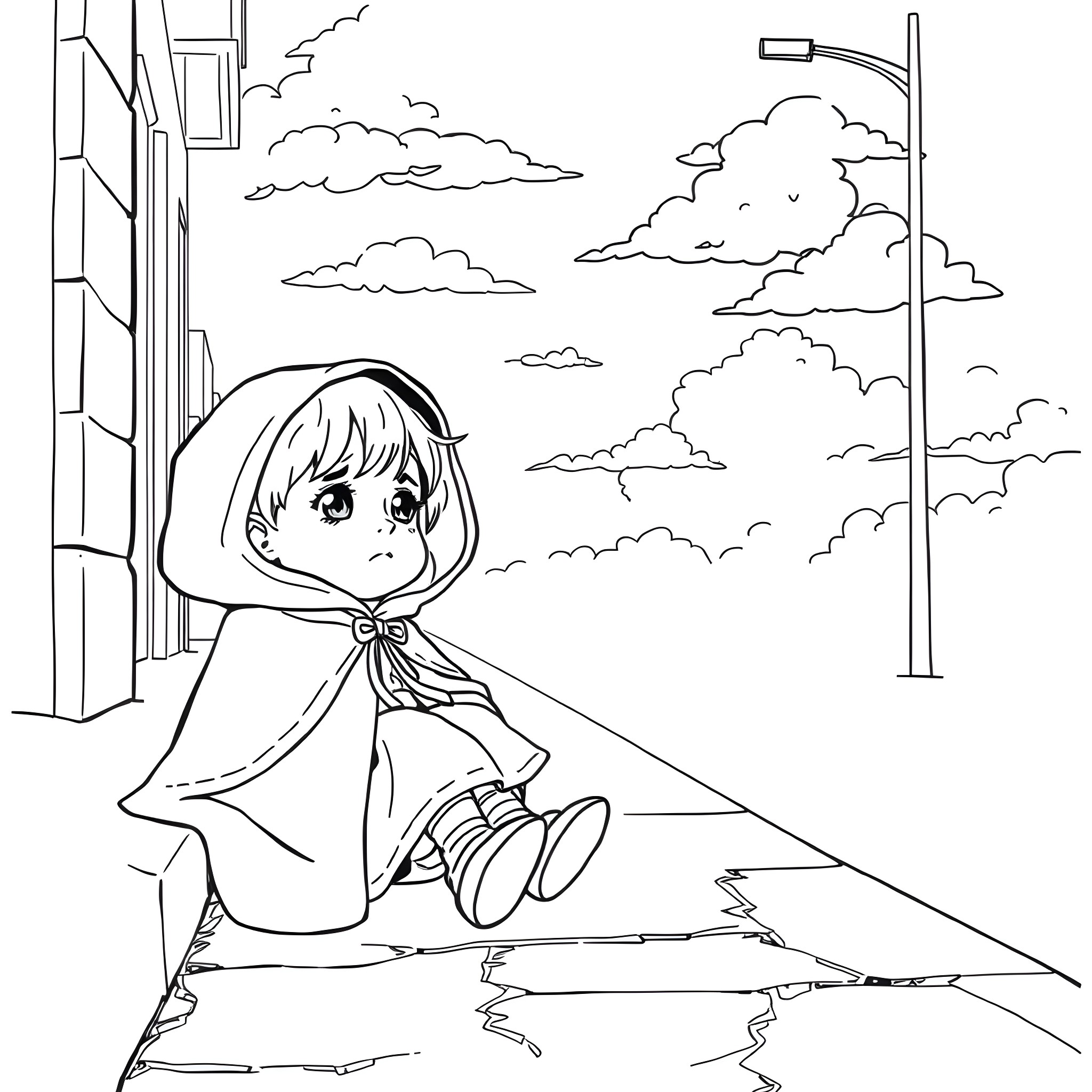Red Riding Hood Sitting Alone on the Sidewalk Coloring Page (free black-and-white line drawing printable PDF for all, from beginners to advanced learners, including children, teens, adults, and seniors)