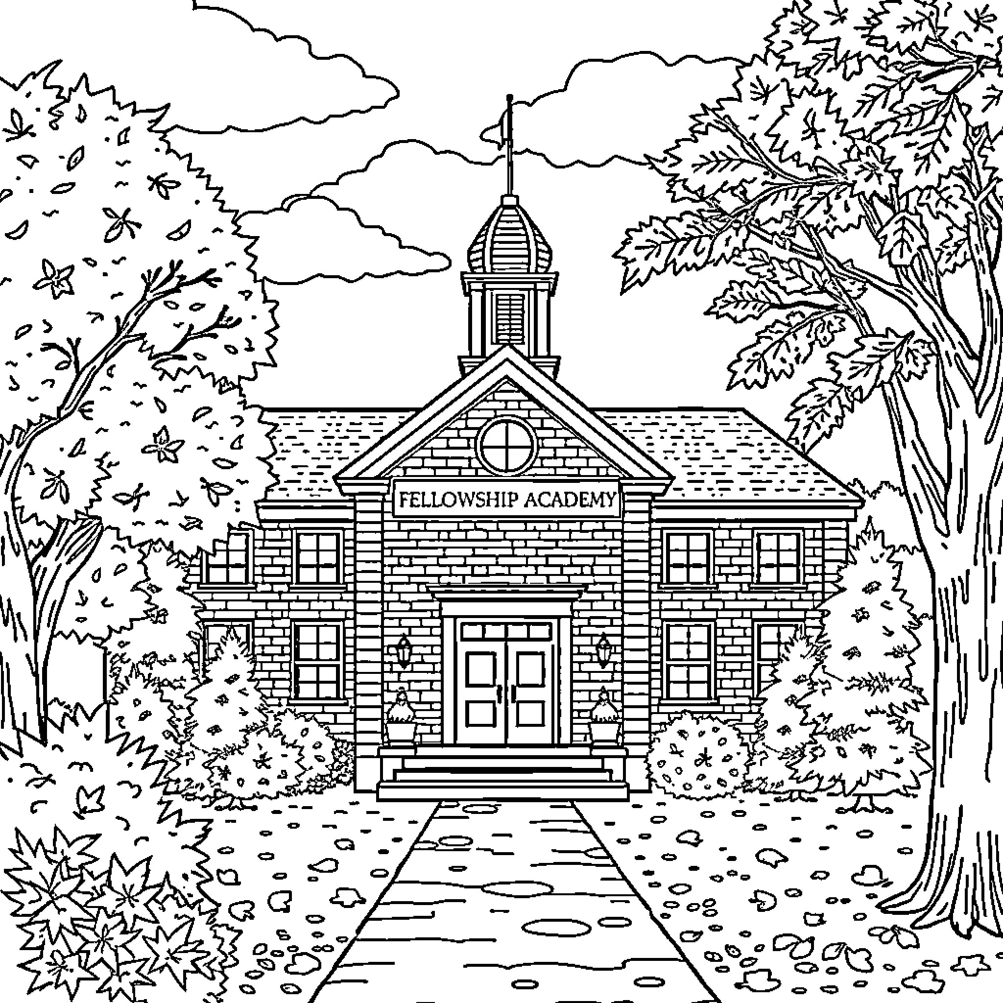 School building with fall foliage and pathway Coloring Page (free black-and-white line drawing printable PDF for all, from beginners to advanced learners, including children, teens, adults, and seniors)