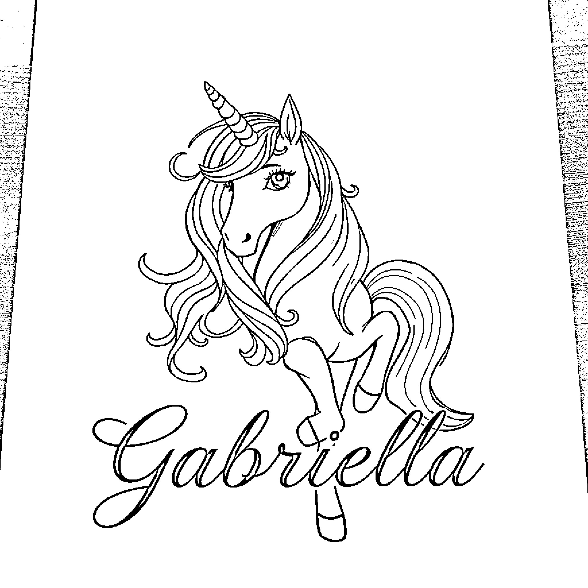 Unicorn with flowing mane and enchanting name Coloring Page (free black-and-white line drawing printable PDF for all, from beginners to advanced learners, including children, teens, adults, and seniors)