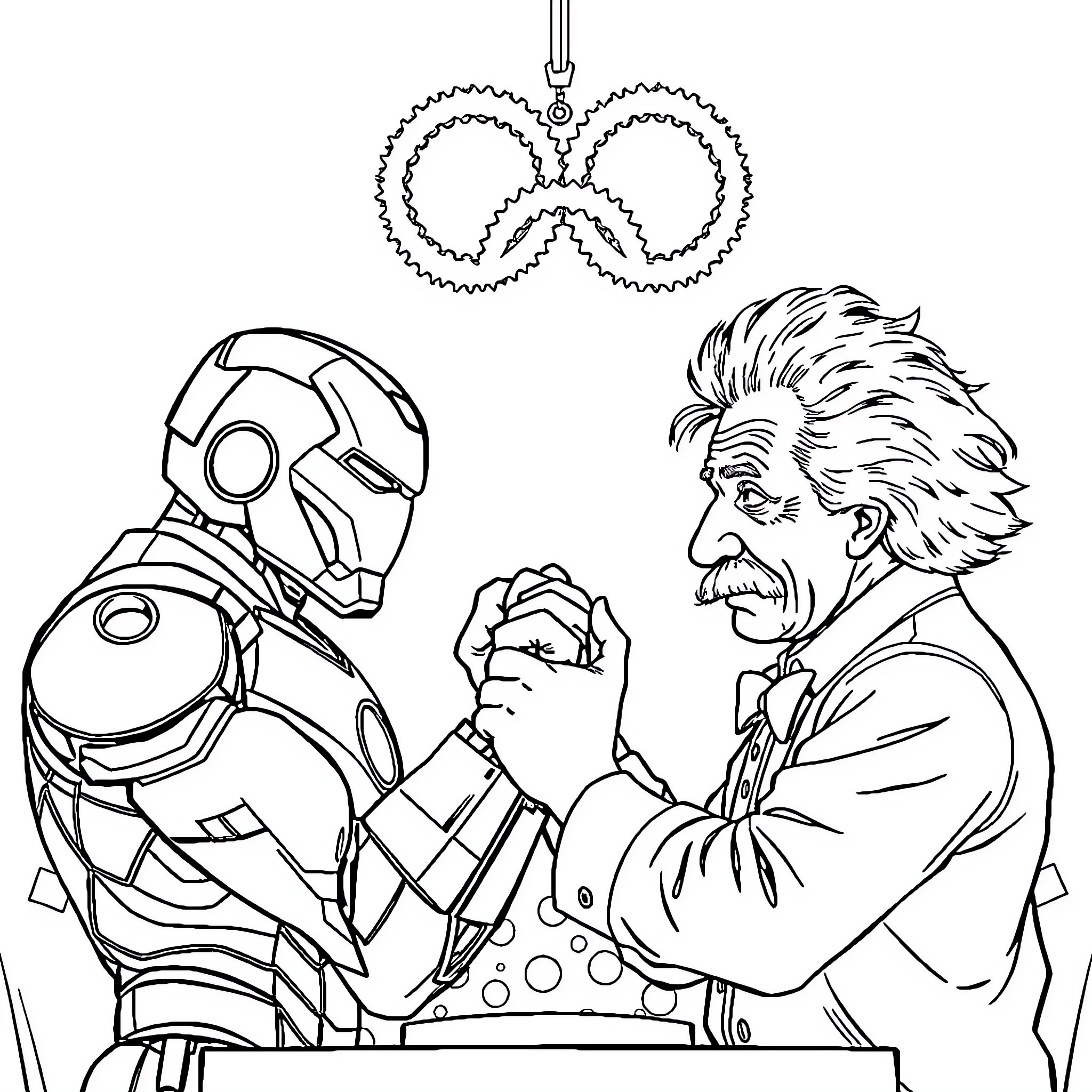 Iron Man and Scientist in Armored Handshake Coloring Page (free black-and-white line drawing printable PDF for all, from beginners to advanced learners, including children, teens, adults, and seniors)