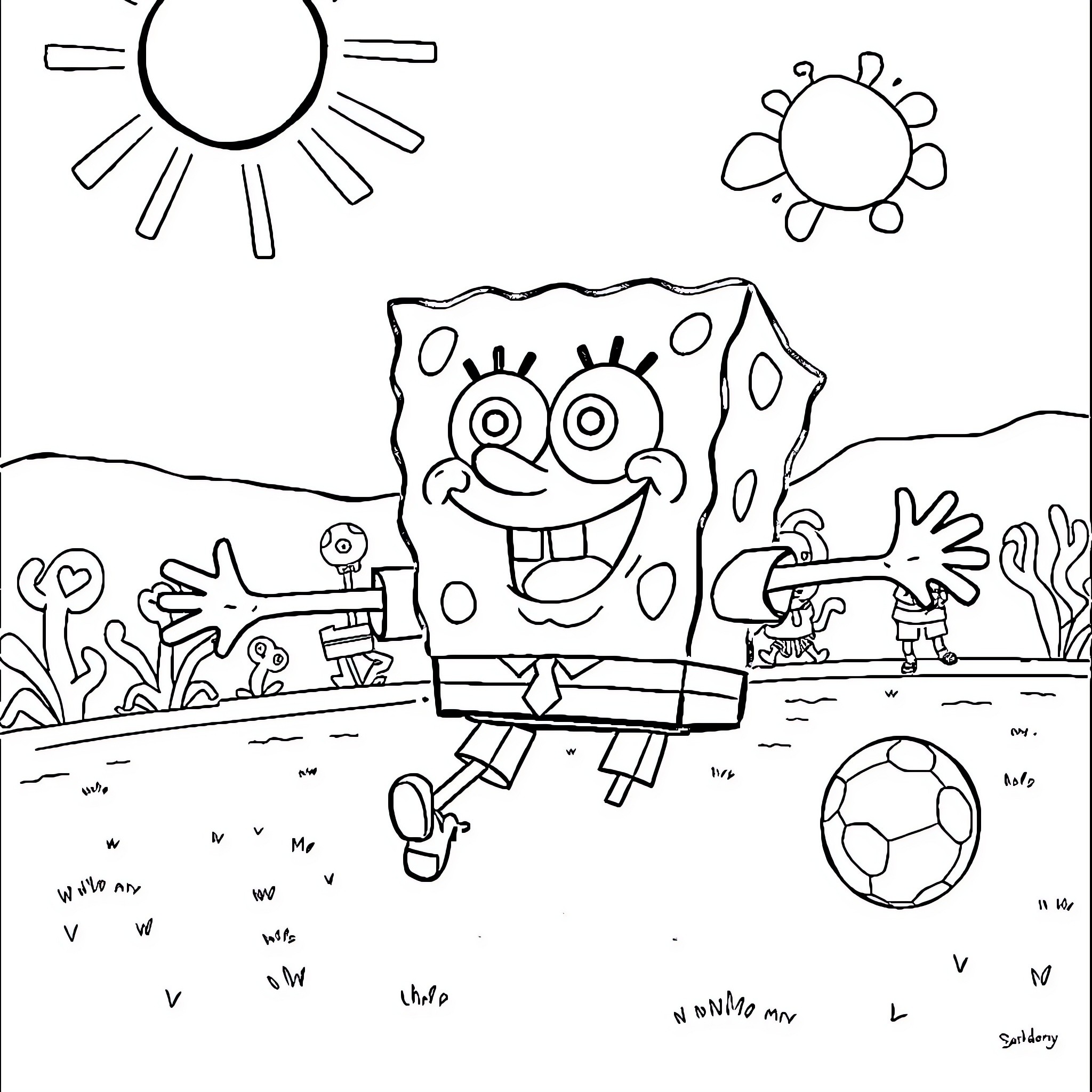 Spongebob enjoying a sunny day with friends Coloring Page (free black-and-white line drawing printable PDF for all, from beginners to advanced learners, including children, teens, adults, and seniors)