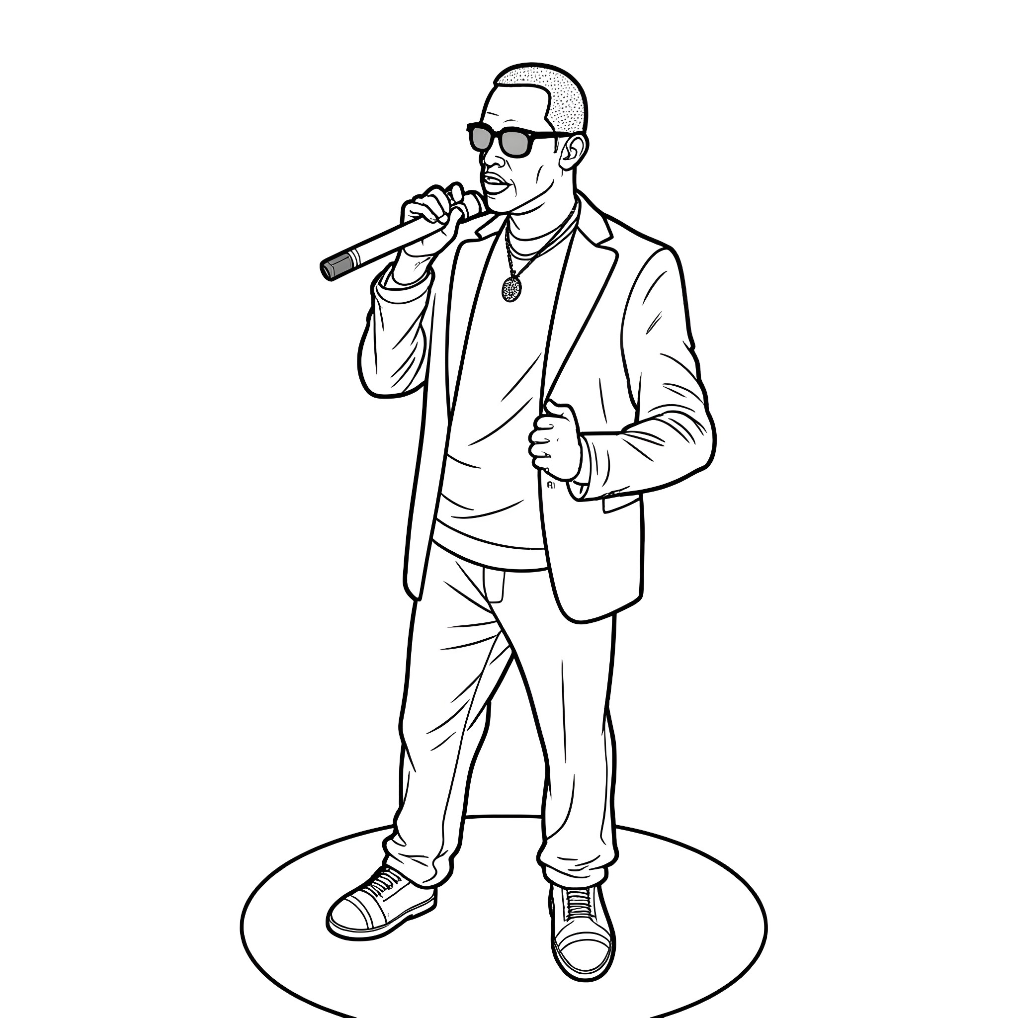 P Diddy performing on stage with microphone Coloring Page (free black-and-white line drawing printable PDF for all, from beginners to advanced learners, including children, teens, adults, and seniors)