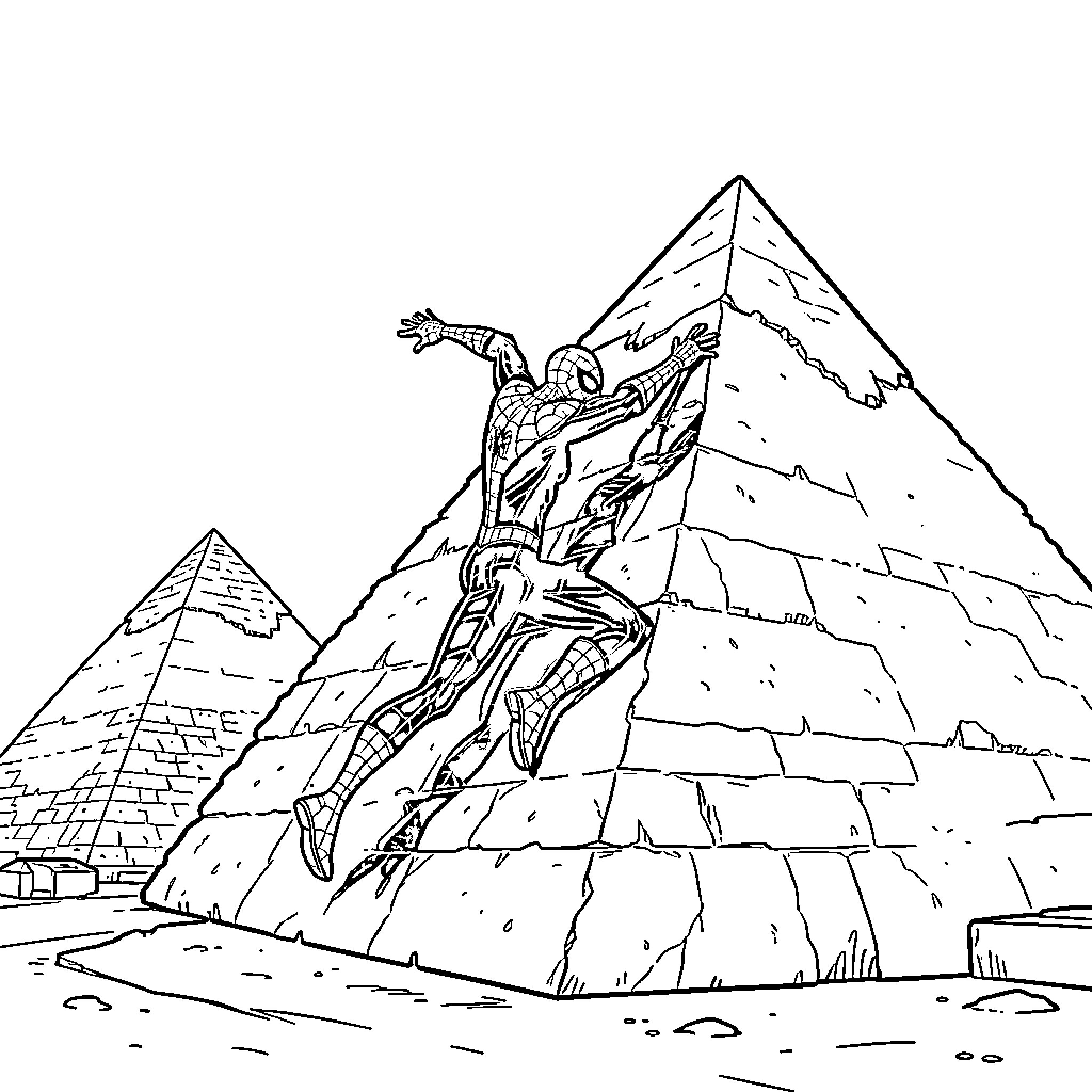 Spiderman climbing up the side of a pyramid Coloring Page (free black-and-white line drawing printable PDF for all, from beginners to advanced learners, including children, teens, adults, and seniors)