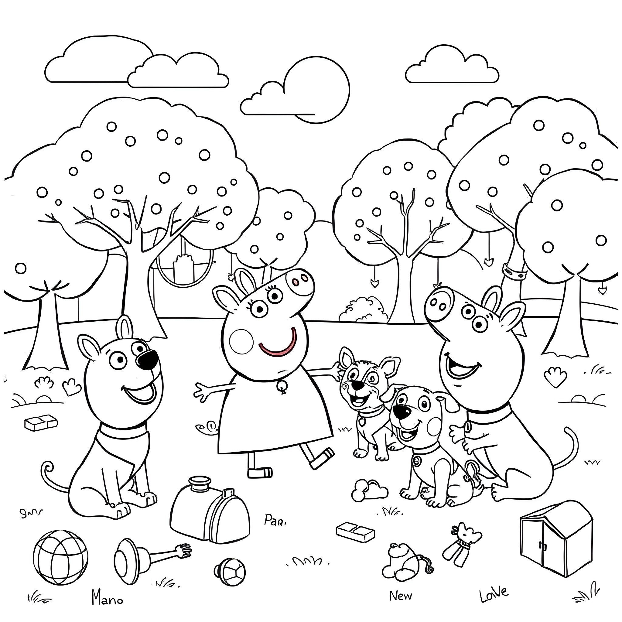 Peppa Pig family enjoying outdoor activities Coloring Page (free black-and-white line drawing printable PDF for all, from beginners to advanced learners, including children, teens, adults, and seniors)