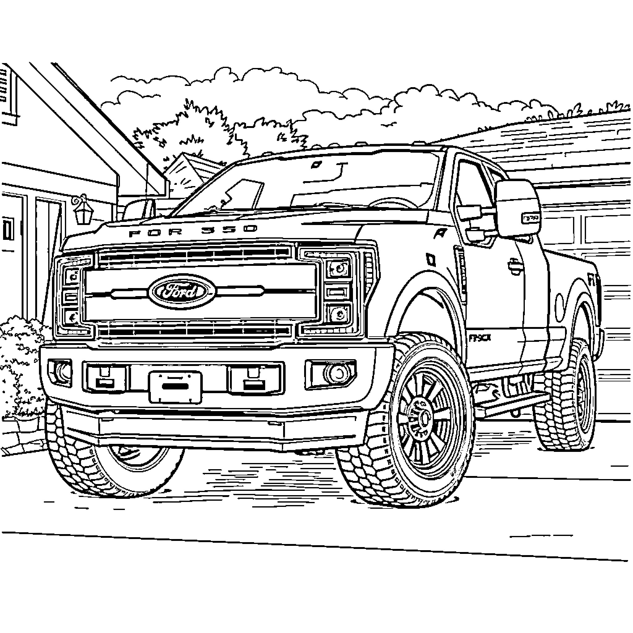 Ford F350 truck in a rugged outdoor scene Coloring Page (free black-and-white line drawing printable PDF for all, from beginners to advanced learners, including children, teens, adults, and seniors)