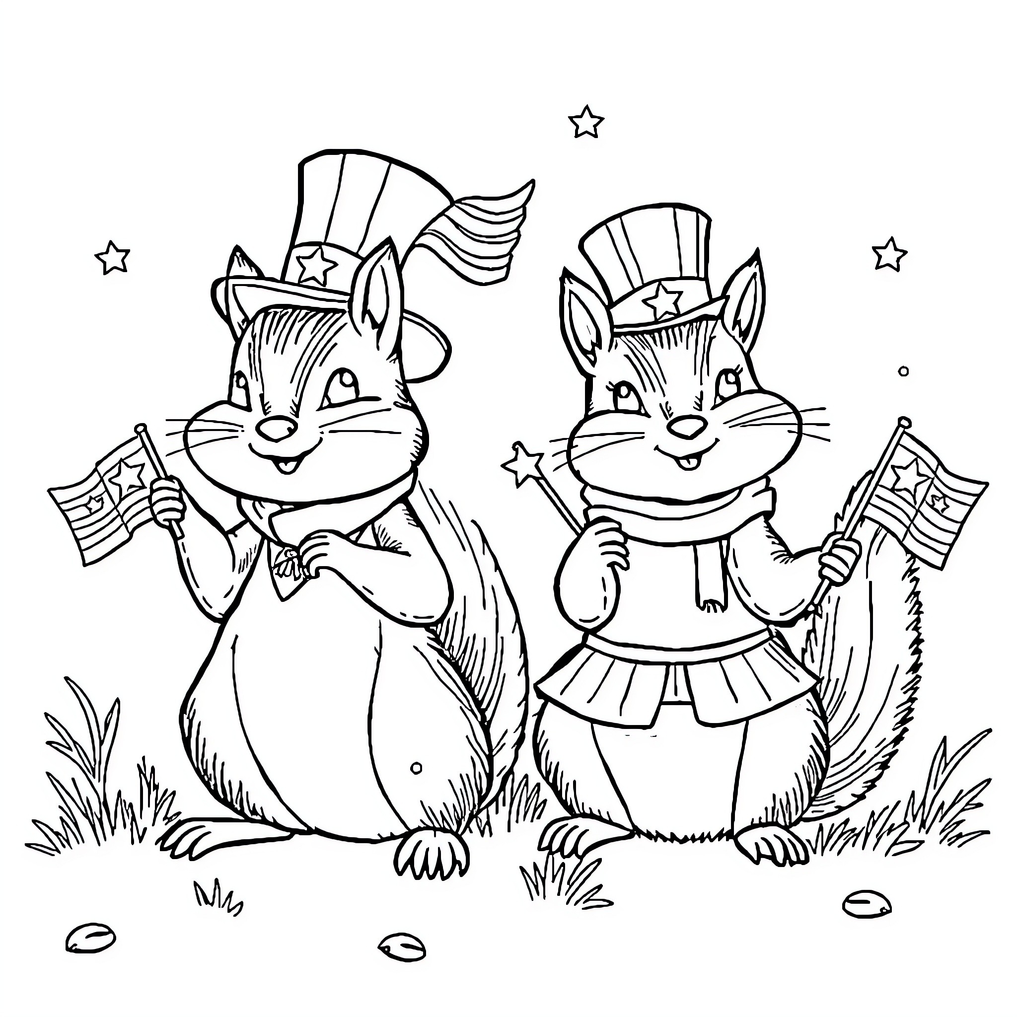 Squirrels celebrating with patriotic attire Coloring Page (free black-and-white line drawing printable PDF for all, from beginners to advanced learners, including children, teens, adults, and seniors)