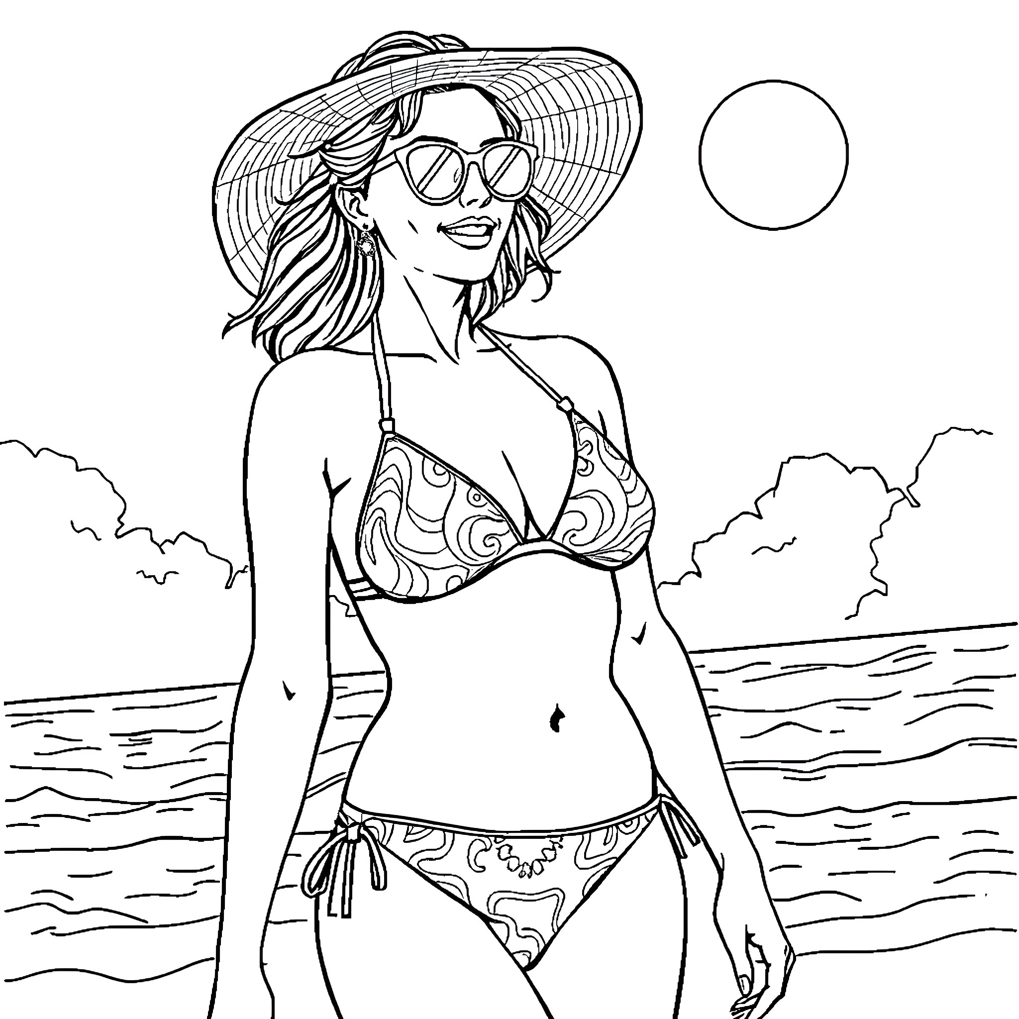 Mother enjoying a sunny day at the beach Coloring Page (free black-and-white line drawing printable PDF for all, from beginners to advanced learners, including children, teens, adults, and seniors)