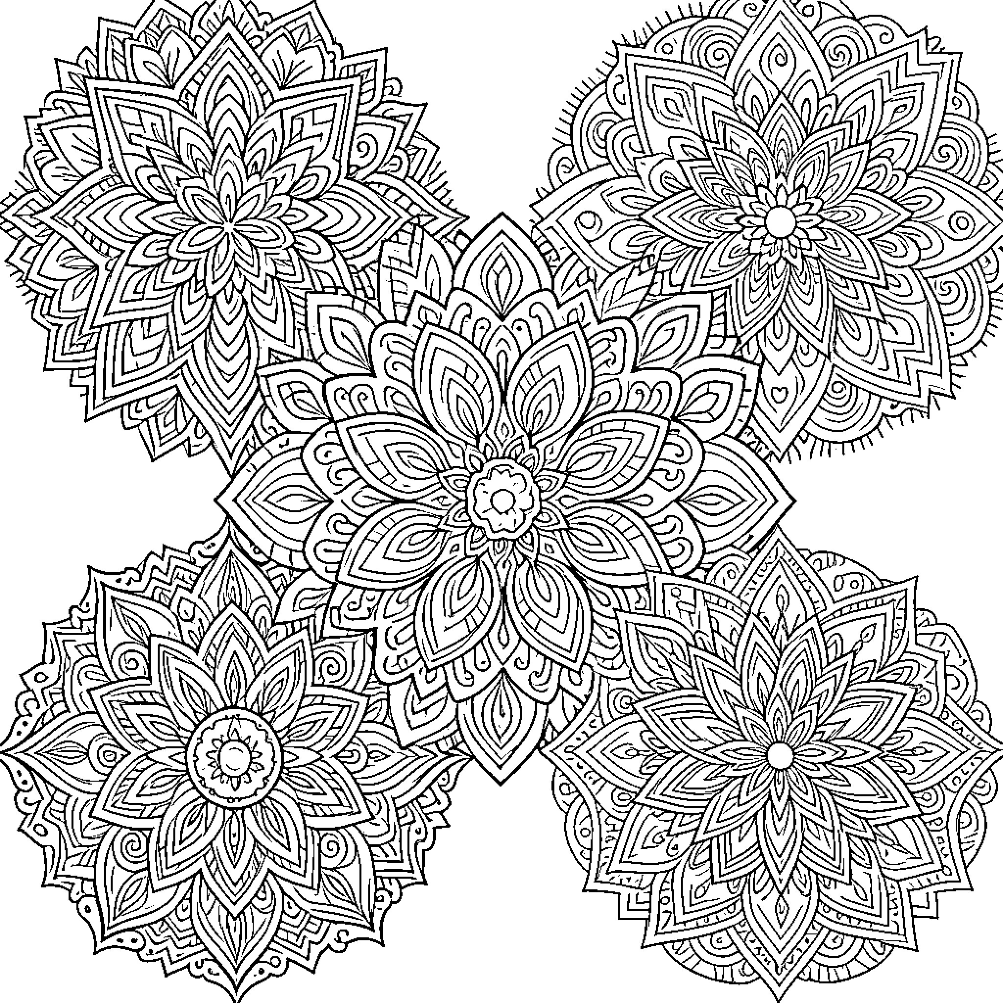 Mandalas of intricate floral patterns Coloring Page (free black-and-white line drawing printable PDF for all, from beginners to advanced learners, including children, teens, adults, and seniors)