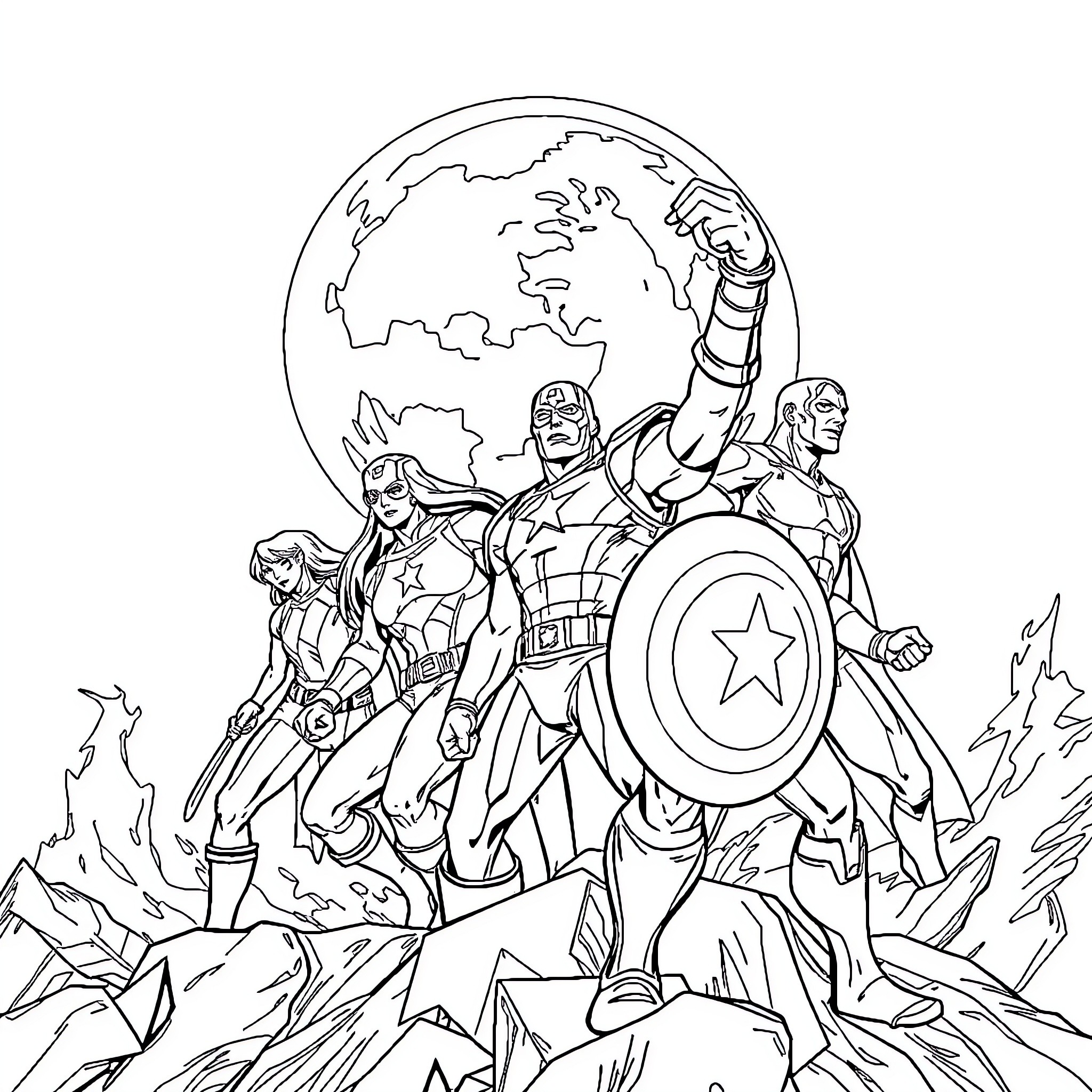 Avenger Superheroes Defending the World Coloring Page (free black-and-white line drawing printable PDF for all, from beginners to advanced learners, including children, teens, adults, and seniors)
