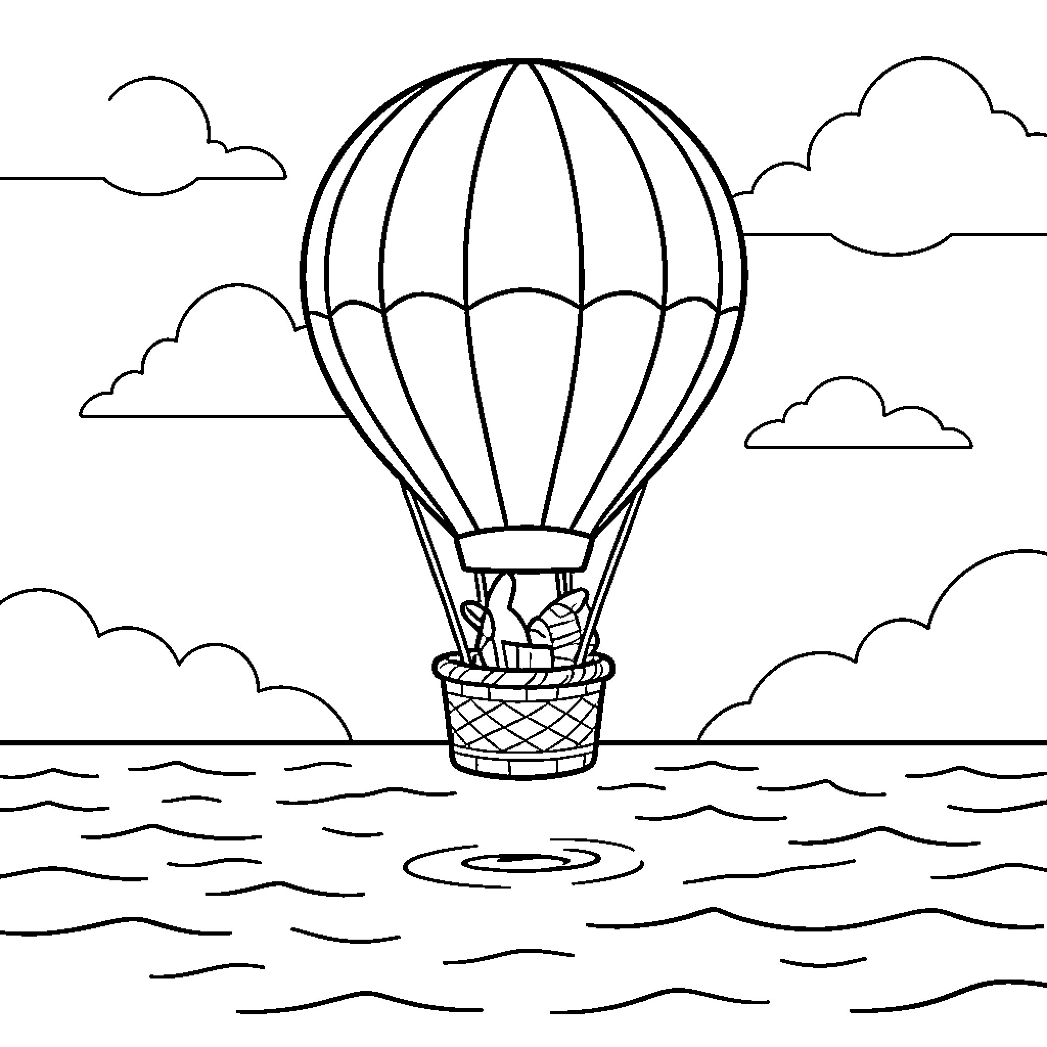 Hot Air Balloon floating peacefully above the ocean waves Coloring Page (free black-and-white line drawing printable PDF for all, from beginners to advanced learners, including children, teens, adults, and seniors)