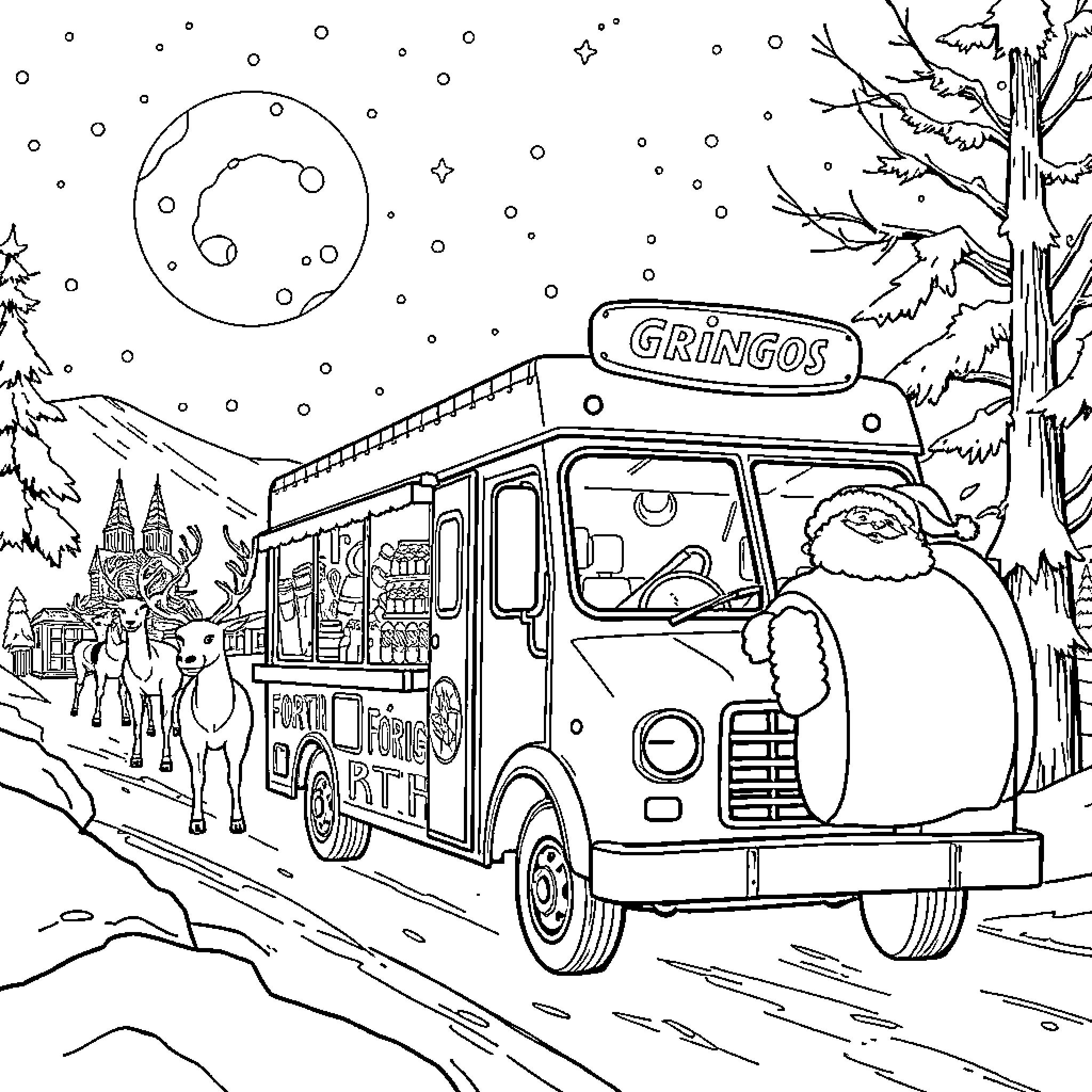 Food Truck on a Snowy Winter Landscape Coloring Page (free black-and-white line drawing printable PDF for all, from beginners to advanced learners, including children, teens, adults, and seniors)