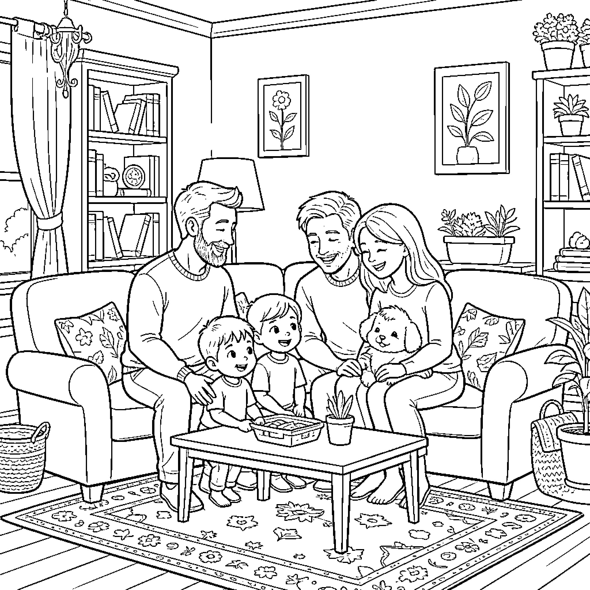 Family Enjoying a Cozy Afternoon Together Coloring Page (free black-and-white line drawing printable PDF for all, from beginners to advanced learners, including children, teens, adults, and seniors)