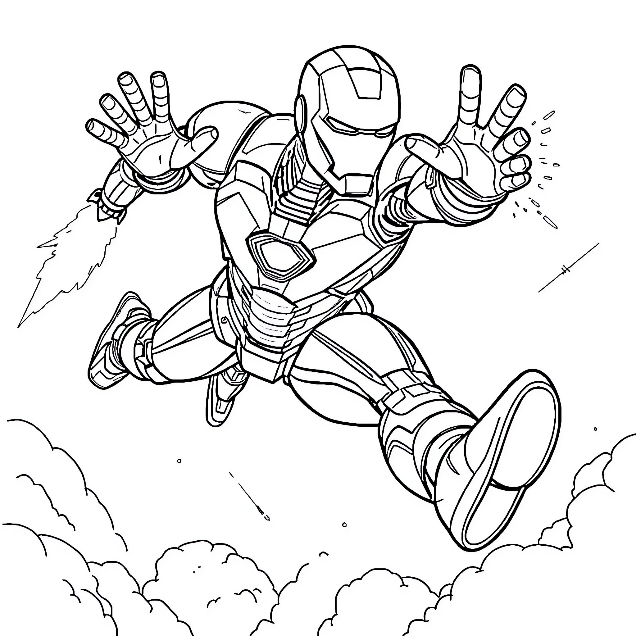 Ironman flying through the air with blasters activated Coloring Page (free black-and-white line drawing printable PDF for all, from beginners to advanced learners, including children, teens, adults, and seniors)