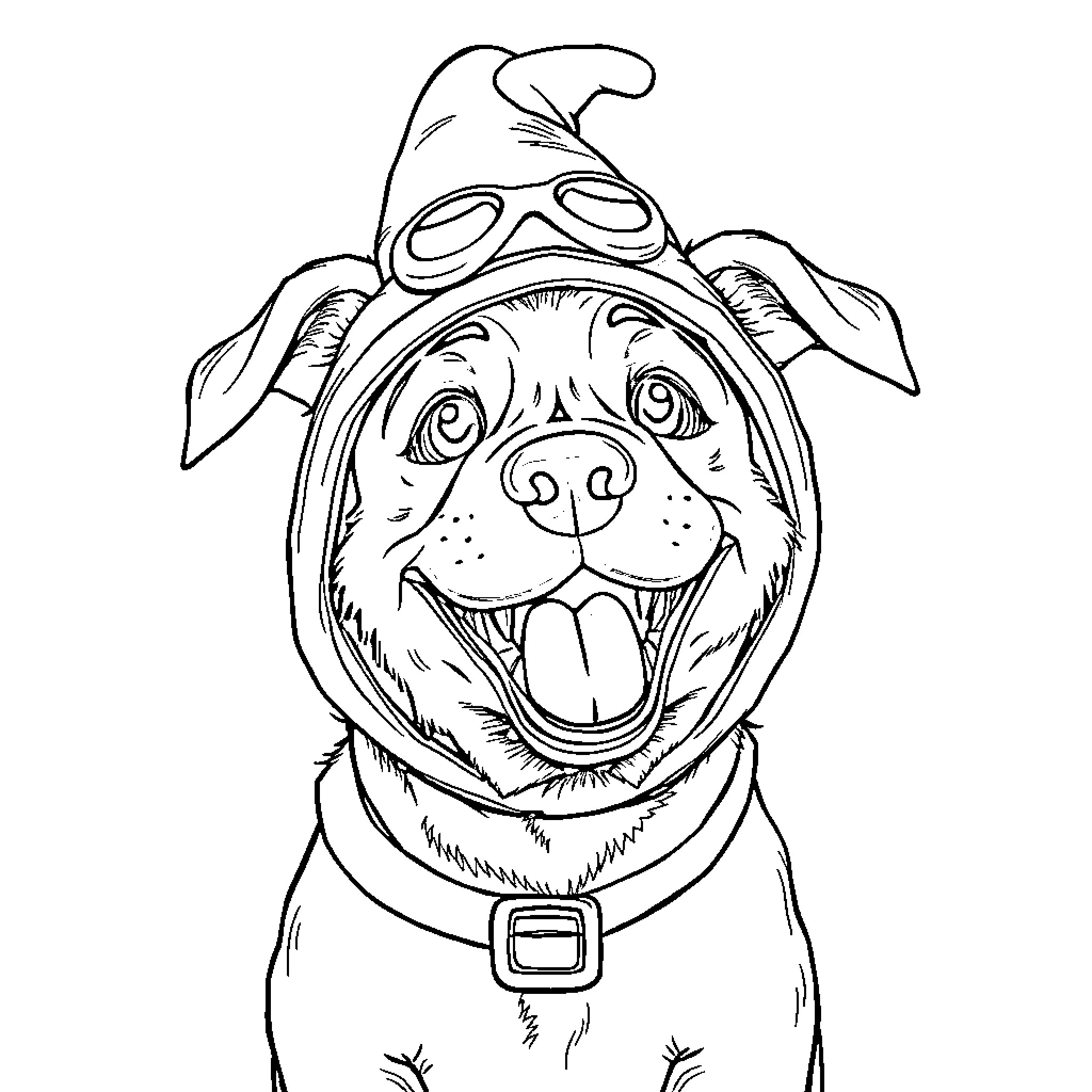 Dog wearing a silly hat and collar Coloring Page (free black-and-white line drawing printable PDF for all, from beginners to advanced learners, including children, teens, adults, and seniors)