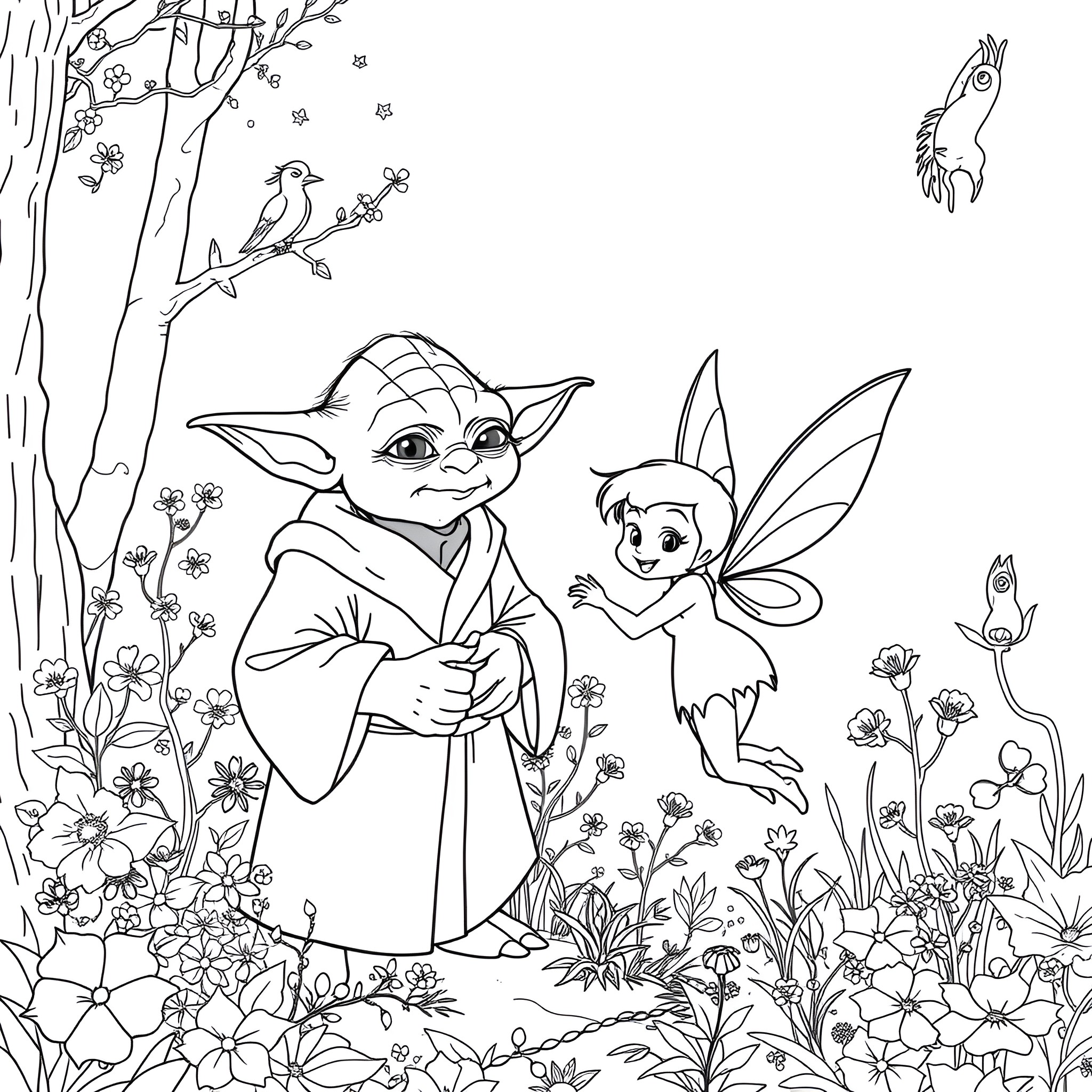 Yoda and Fairy in Enchanted Forest Coloring Page (free black-and-white line drawing printable PDF for all, from beginners to advanced learners, including children, teens, adults, and seniors)