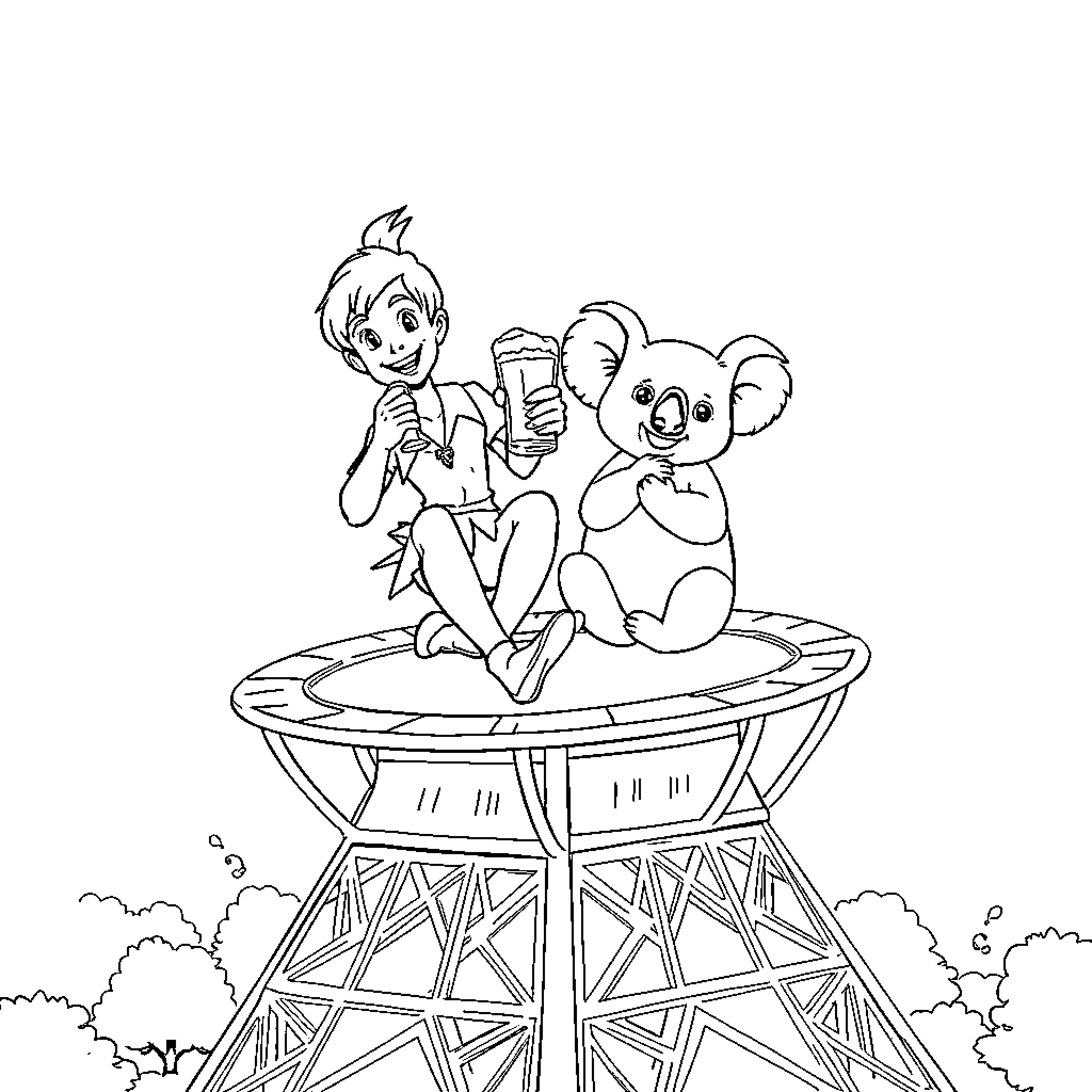 Peter Pan and Koala Playing on a Tower Coloring Page (free black-and-white line drawing printable PDF for all, from beginners to advanced learners, including children, teens, adults, and seniors)