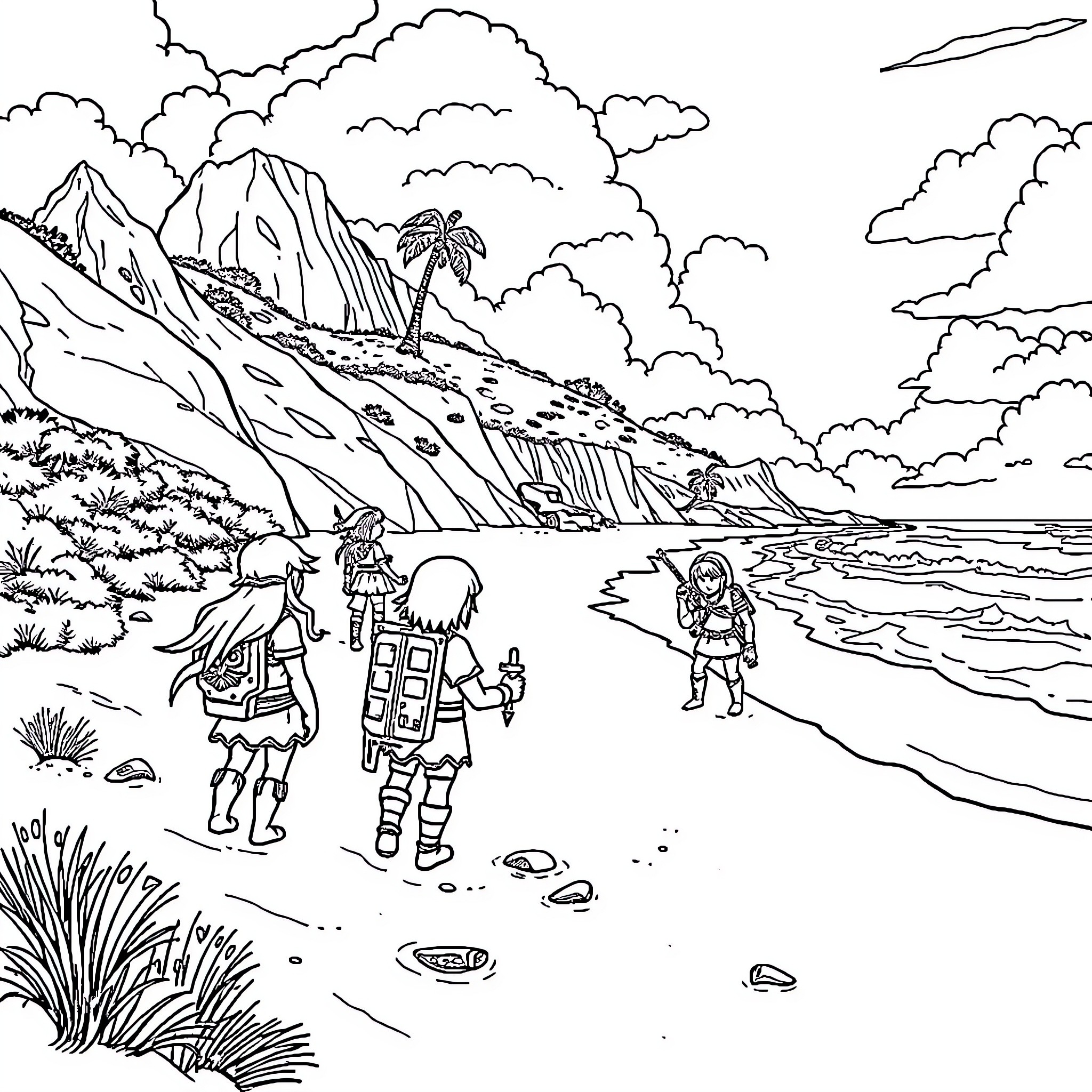 Zelda characters exploring a tropical island landscape Coloring Page (free black-and-white line drawing printable PDF for all, from beginners to advanced learners, including children, teens, adults, and seniors)