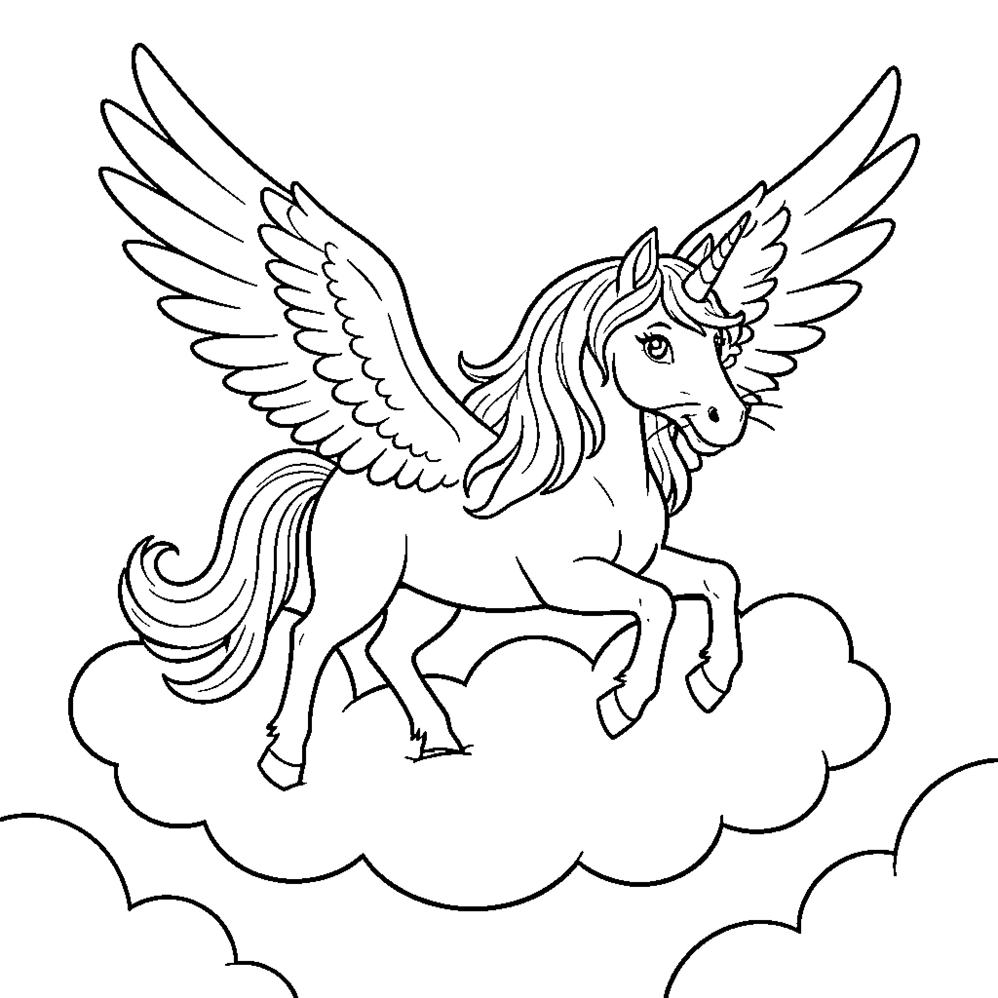Unicorn soaring majestically among clouds Coloring Page (free black-and-white line drawing printable PDF for all, from beginners to advanced learners, including children, teens, adults, and seniors)