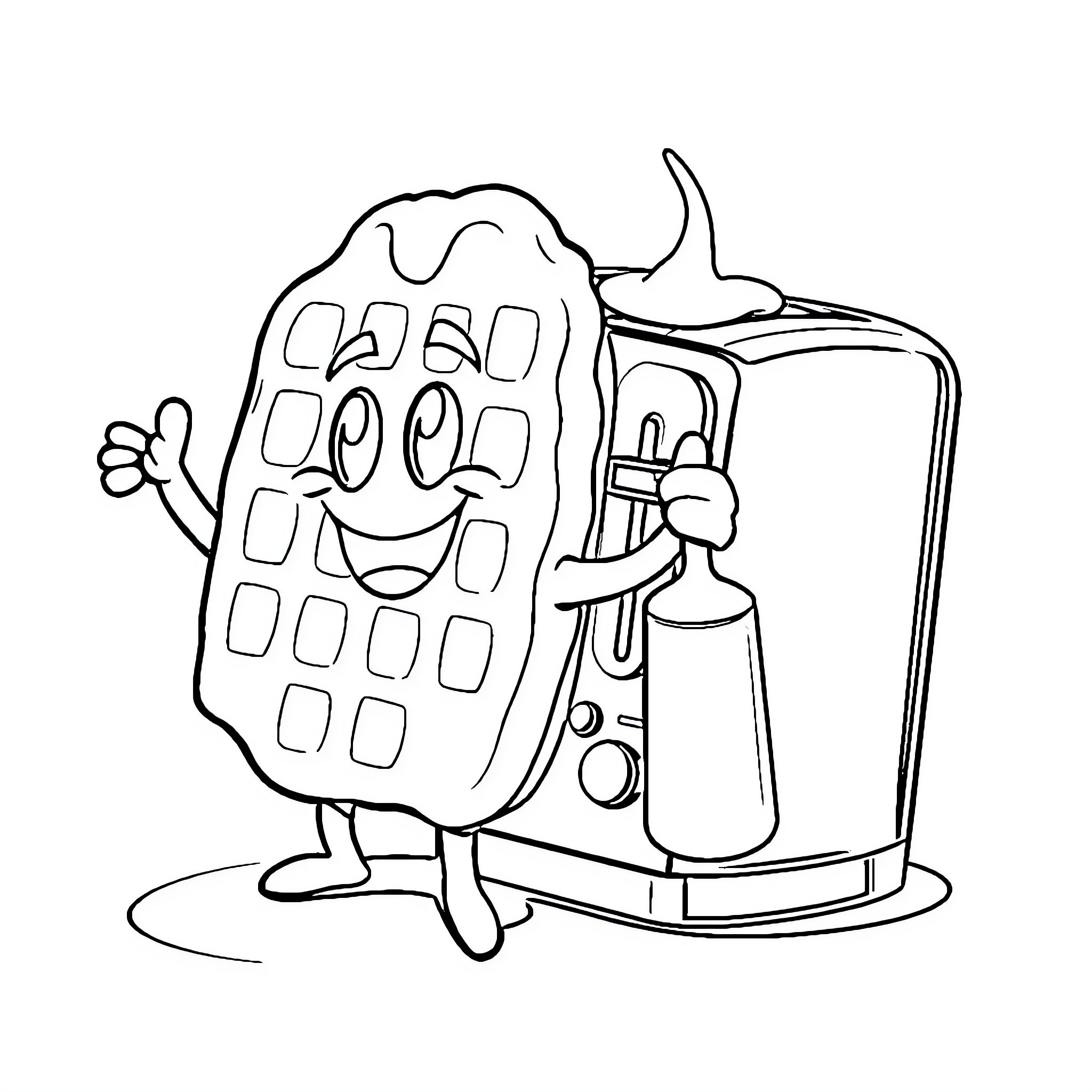 Waffle character cooking with spray can Coloring Page (free black-and-white line drawing printable PDF for all, from beginners to advanced learners, including children, teens, adults, and seniors)