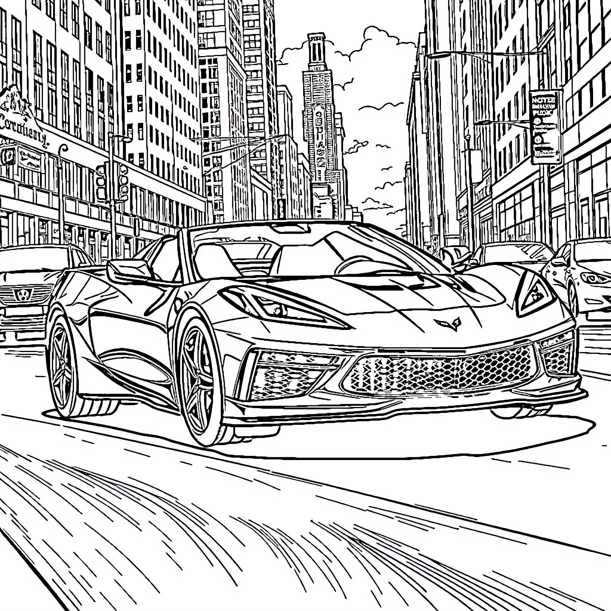 Corvette speeding through the city streets Coloring Page (free black-and-white line drawing printable PDF for all, from beginners to advanced learners, including children, teens, adults, and seniors)