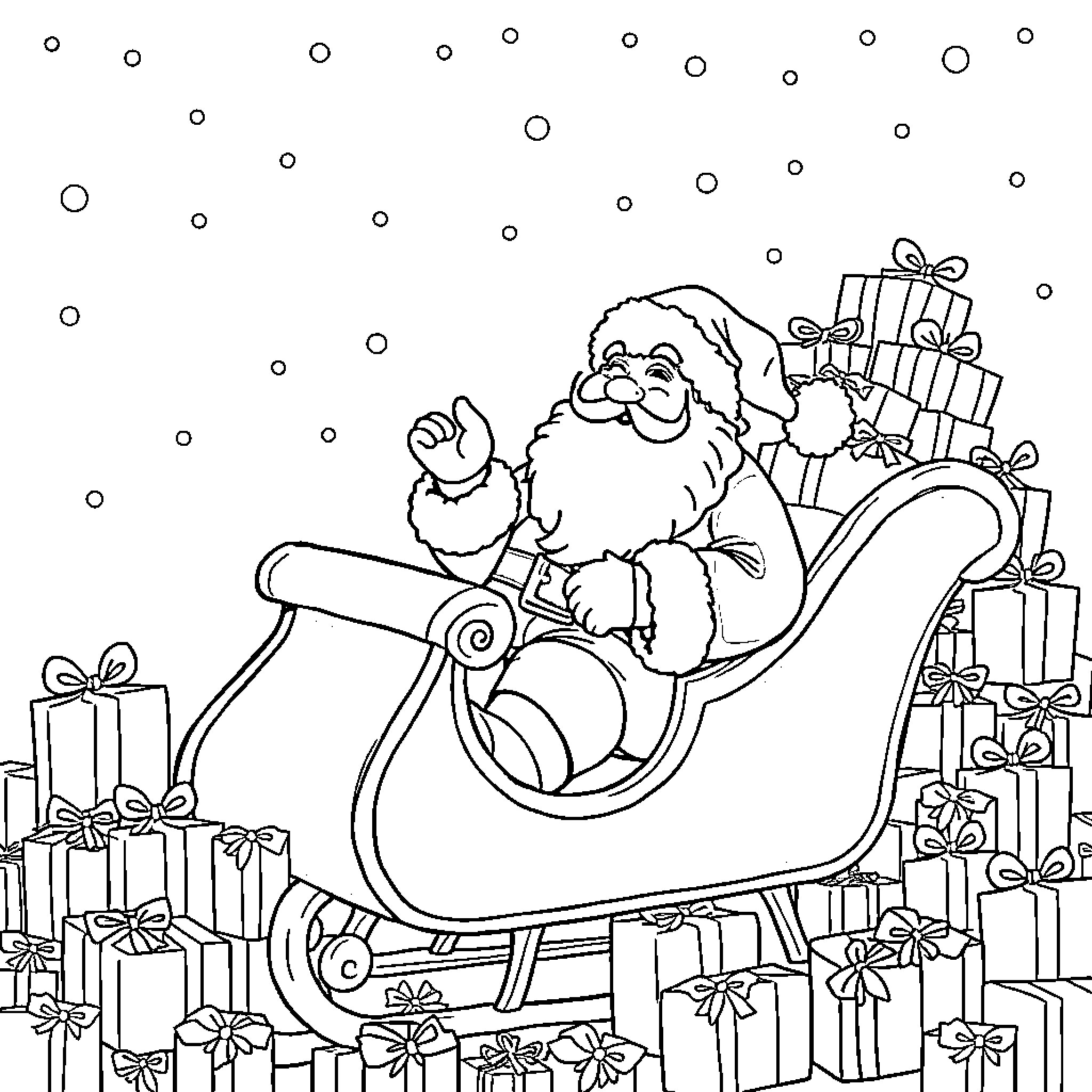 Santa Claus riding a sleigh loaded with gifts Coloring Page (free black-and-white line drawing printable PDF for all, from beginners to advanced learners, including children, teens, adults, and seniors)
