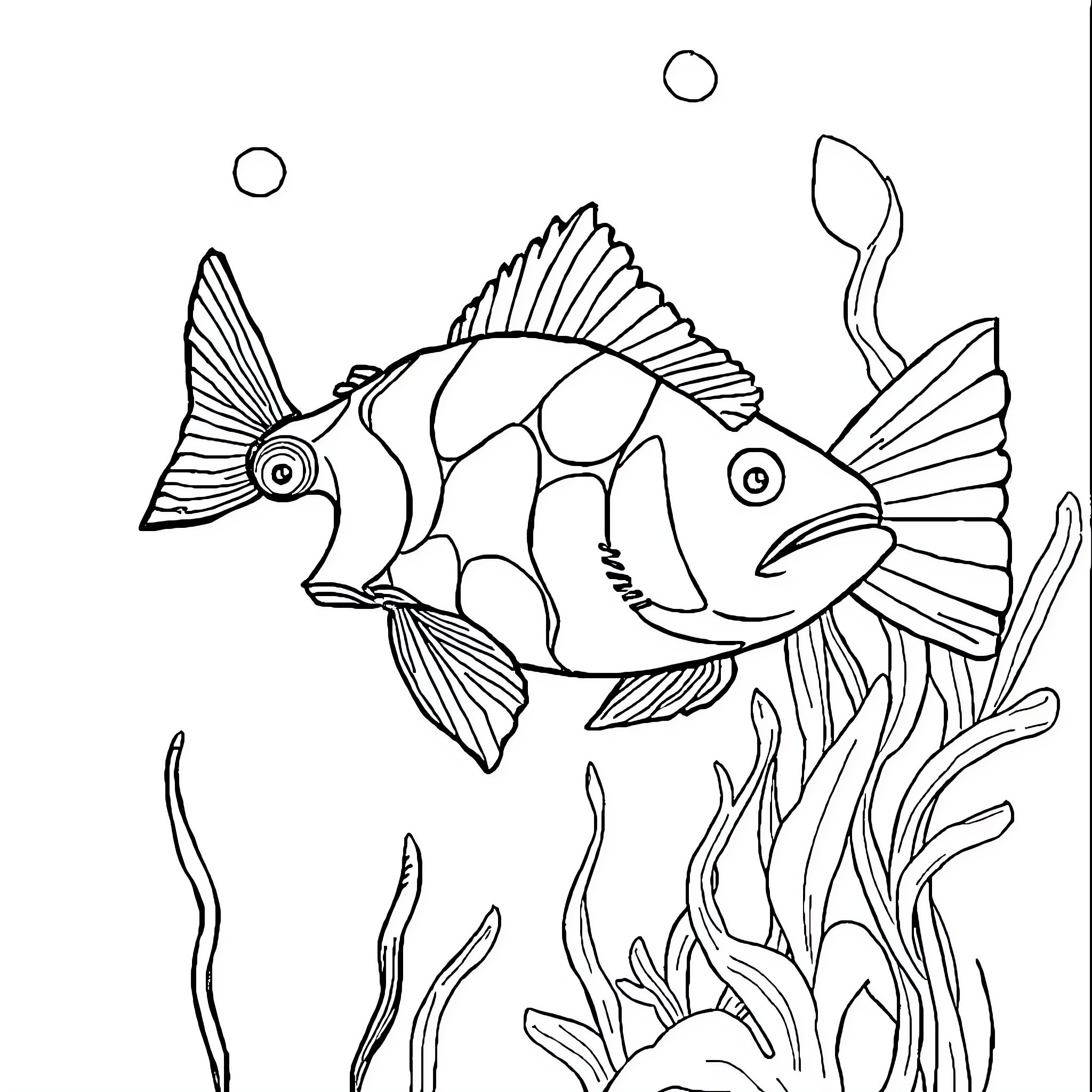Fish swimming among underwater plants Coloring Page (free black-and-white line drawing printable PDF for all, from beginners to advanced learners, including children, teens, adults, and seniors)