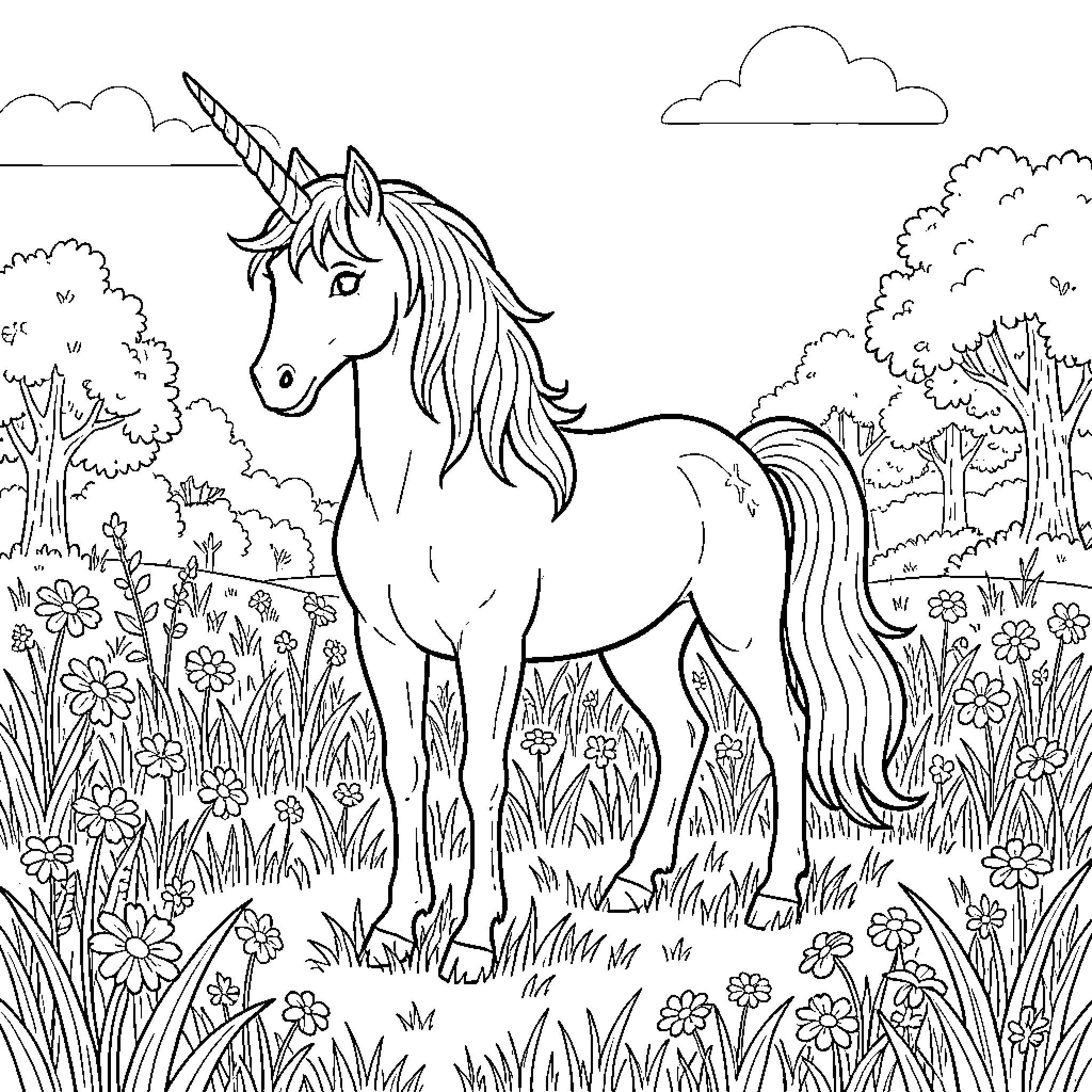 Unicorn standing peacefully in a flowery meadow Coloring Page (free black-and-white line drawing printable PDF for all, from beginners to advanced learners, including children, teens, adults, and seniors)