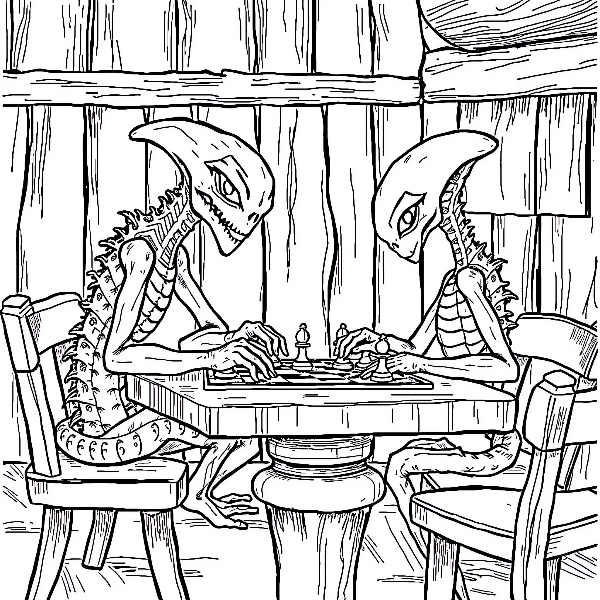 Spawn playing chess in a spooky forest Coloring Page (free black-and-white line drawing printable PDF for all, from beginners to advanced learners, including children, teens, adults, and seniors)