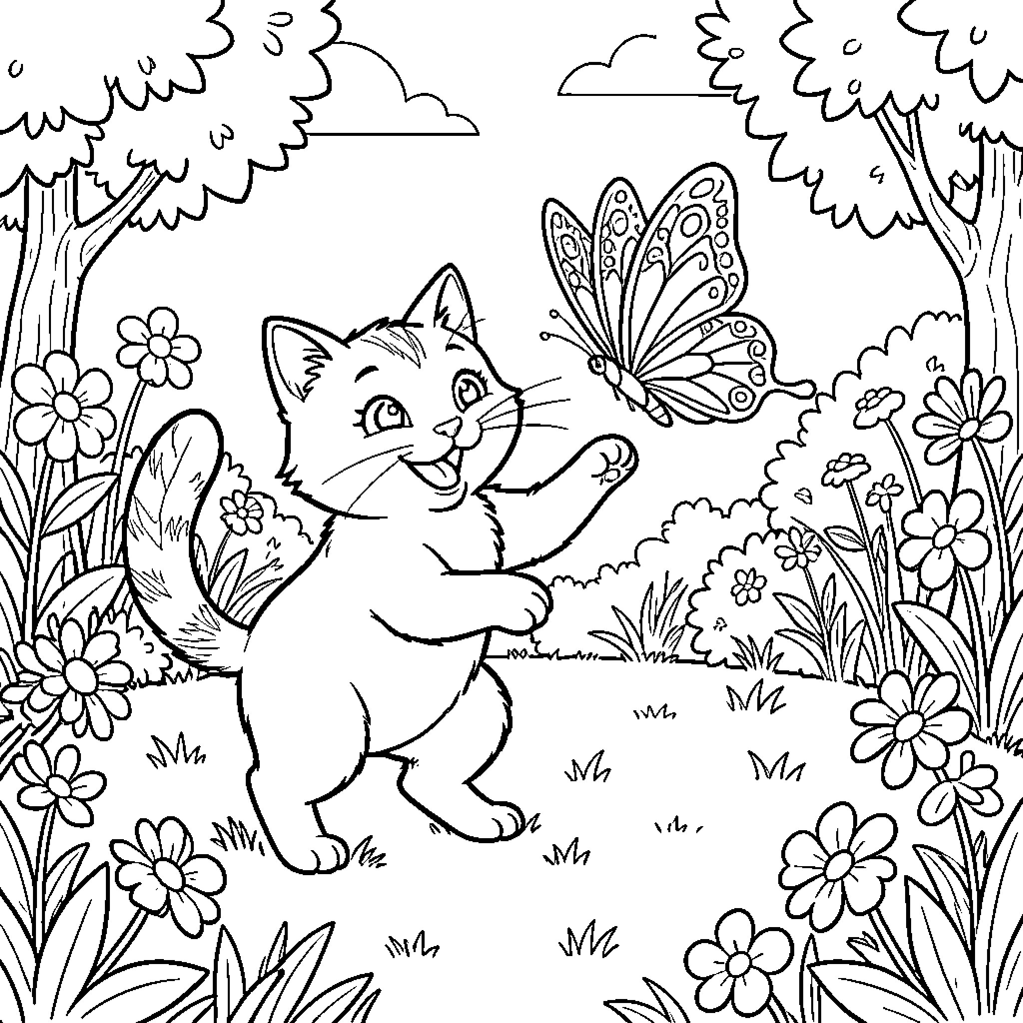 Gato chasing a butterfly in the garden Coloring Page (free black-and-white line drawing printable PDF for all, from beginners to advanced learners, including children, teens, adults, and seniors)