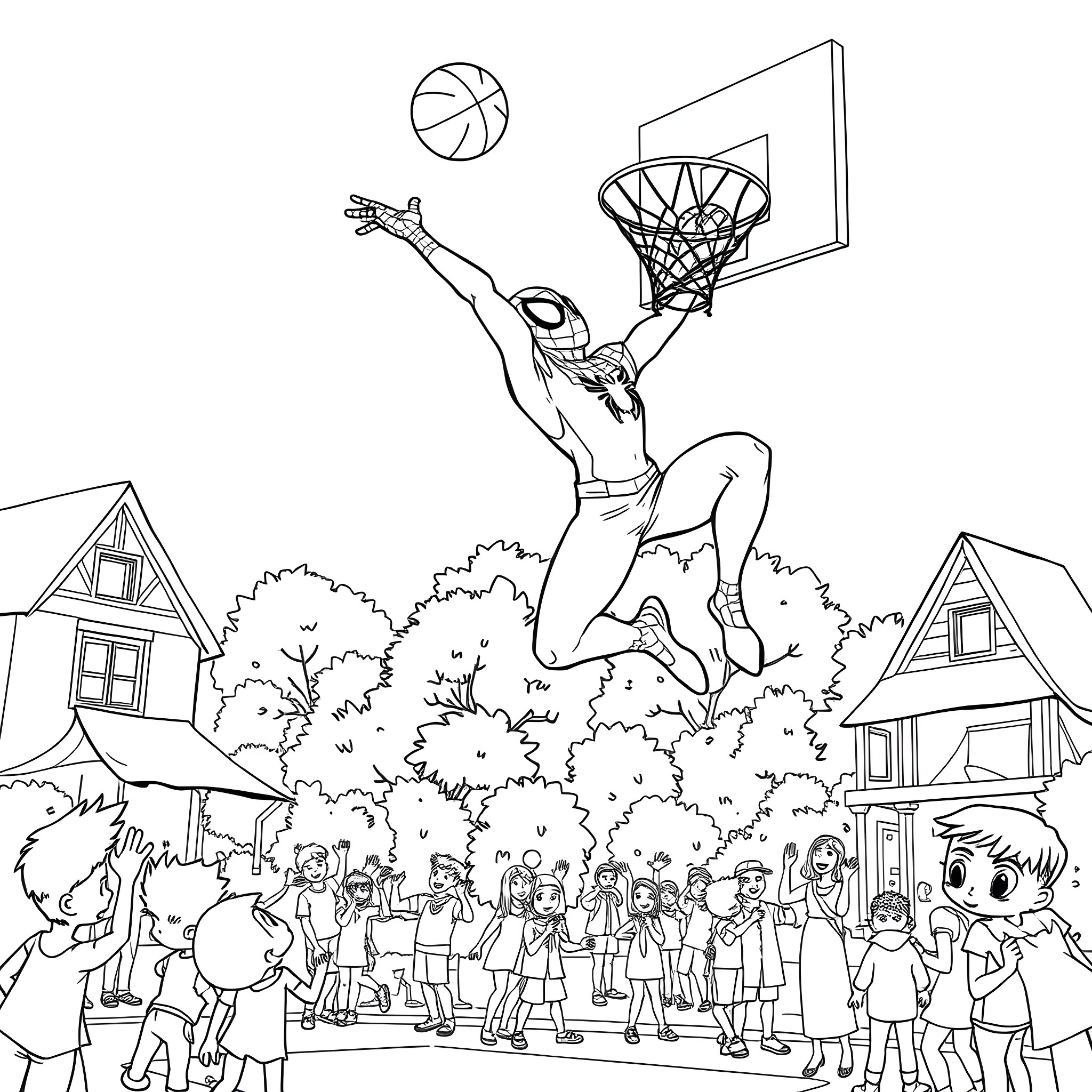 Bluey's Energetic Basketball Showdown in the Neighborhood Coloring Page (free black-and-white line drawing printable PDF for all, from beginners to advanced learners, including children, teens, adults, and seniors)