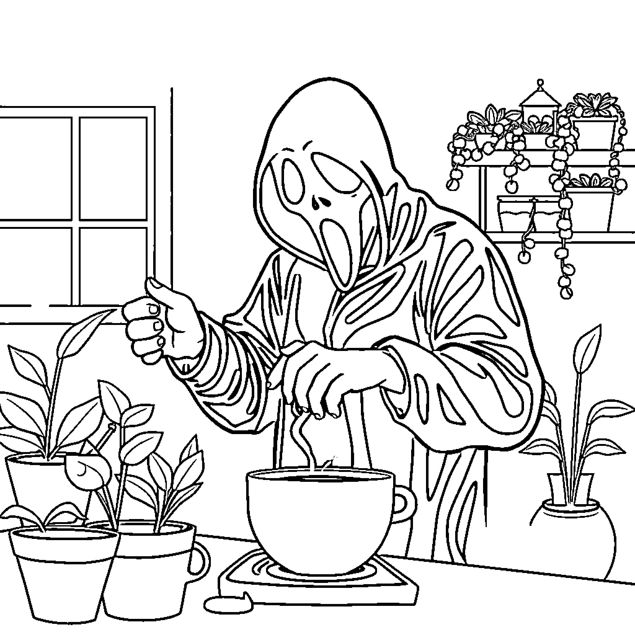 Ghostface stirring a pot in a cozy indoor setting Coloring Page (free black-and-white line drawing printable PDF for all, from beginners to advanced learners, including children, teens, adults, and seniors)