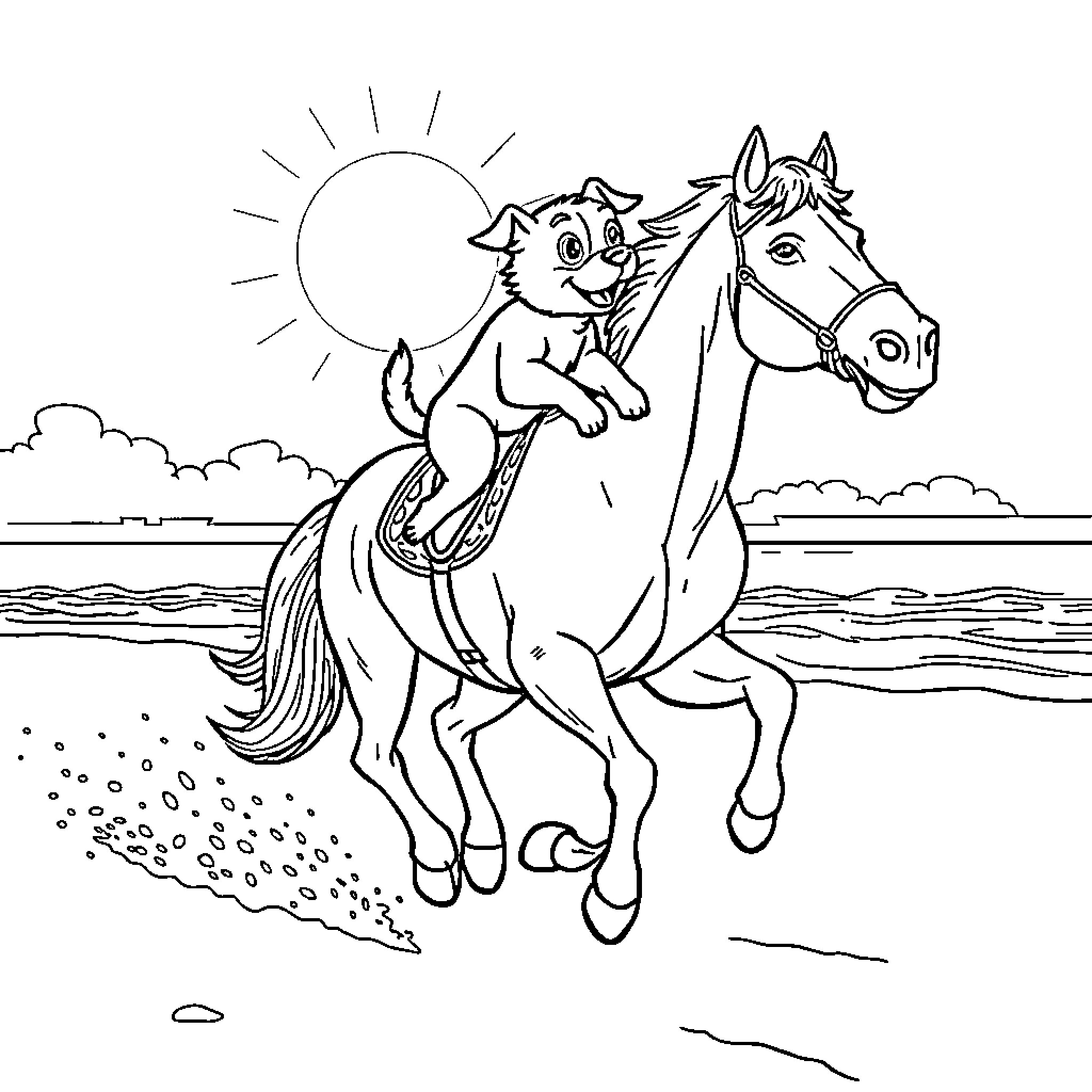 Dog riding a horse on the beach Coloring Page (free black-and-white line drawing printable PDF for all, from beginners to advanced learners, including children, teens, adults, and seniors)