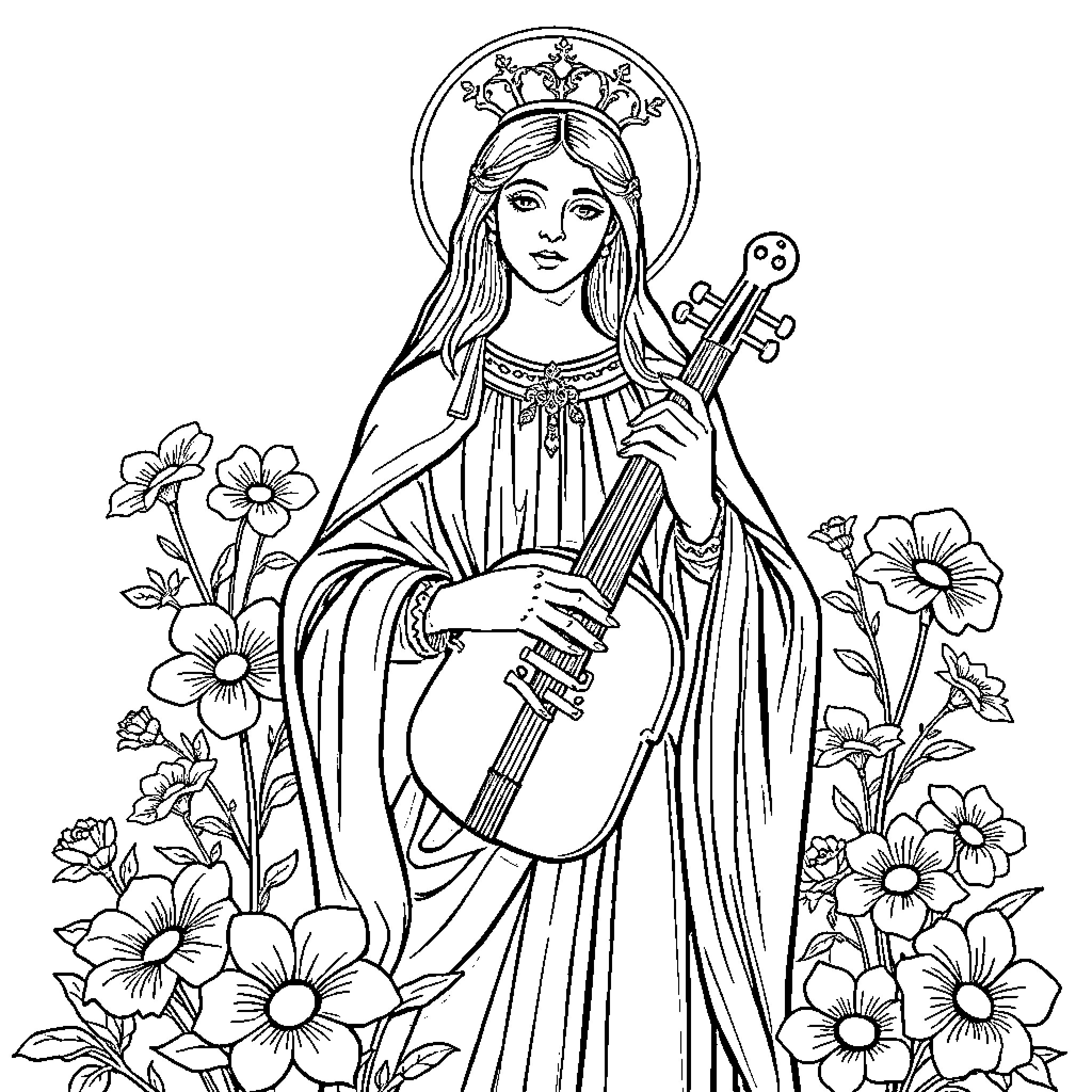 Saint Cecilia playing music among flowers Coloring Page (free black-and-white line drawing printable PDF for all, from beginners to advanced learners, including children, teens, adults, and seniors)