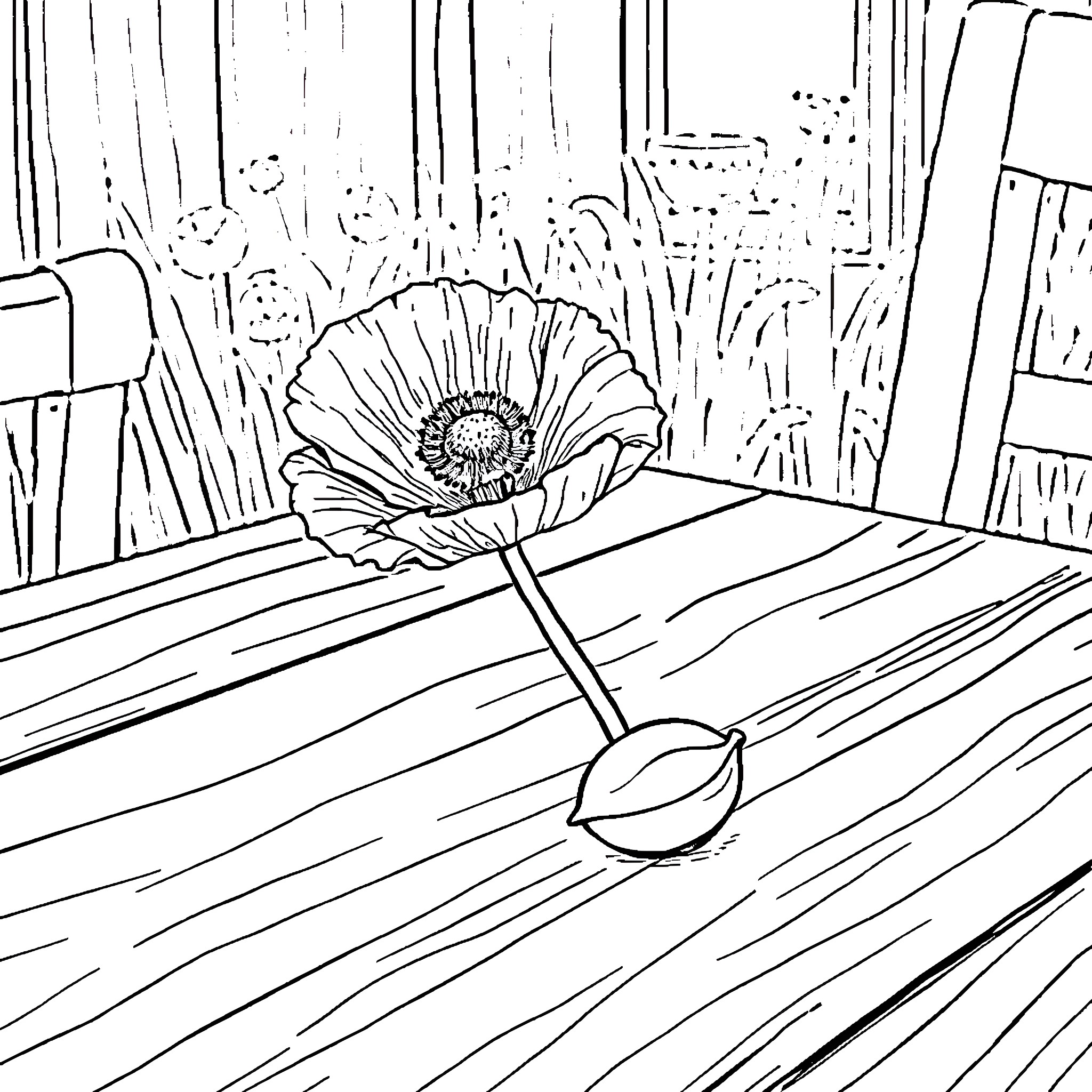 Poppy flower on wooden surface with abstract background Coloring Page (free black-and-white line drawing printable PDF for all, from beginners to advanced learners, including children, teens, adults, and seniors)