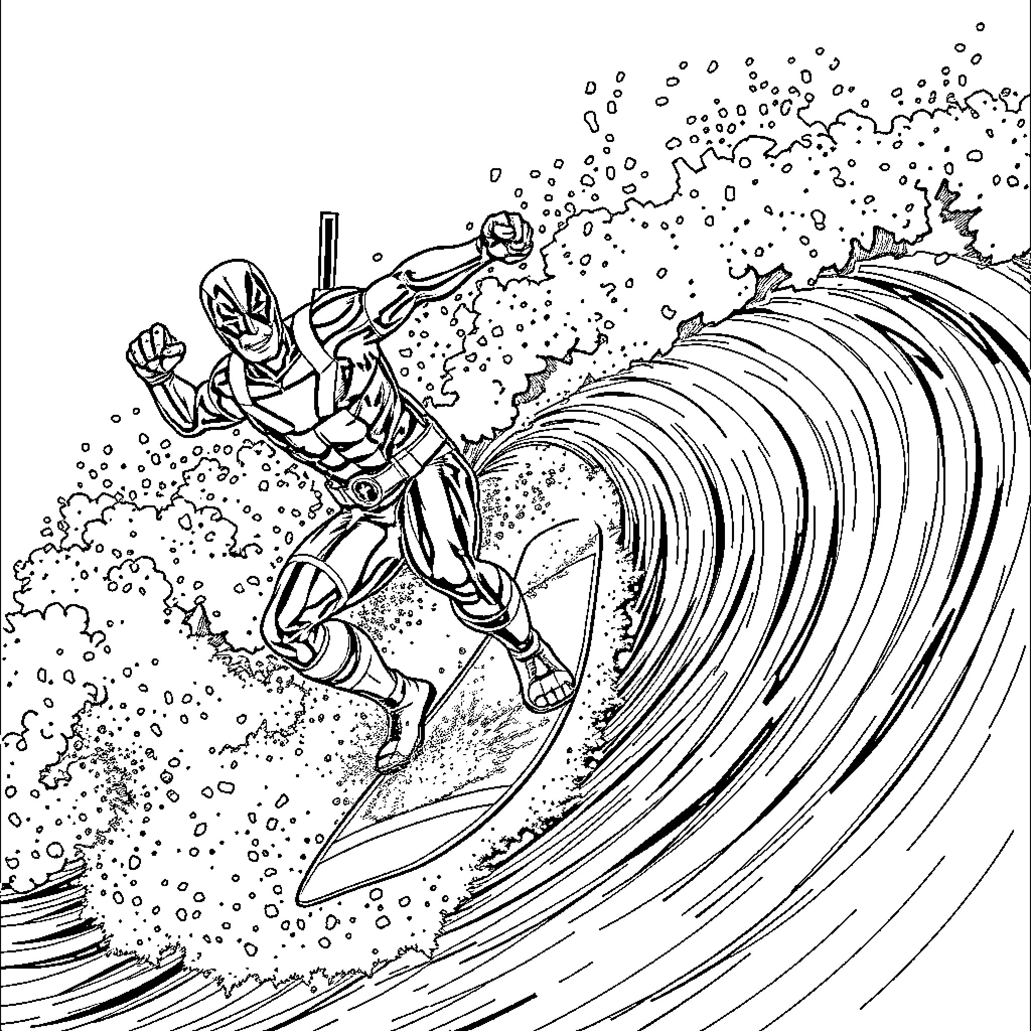 Deadpool surfing epic waves with action-packed energy Coloring Page (free black-and-white line drawing printable PDF for all, from beginners to advanced learners, including children, teens, adults, and seniors)