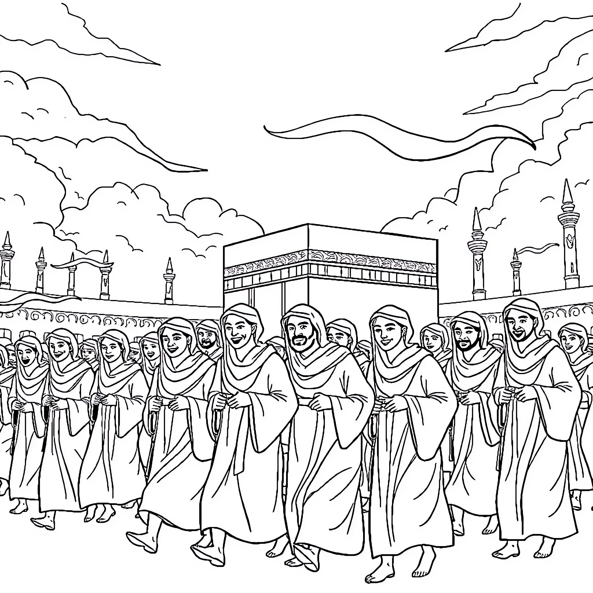 Paw Patrol characters visiting the Kaaba in Mecca Coloring Page (free black-and-white line drawing printable PDF for all, from beginners to advanced learners, including children, teens, adults, and seniors)