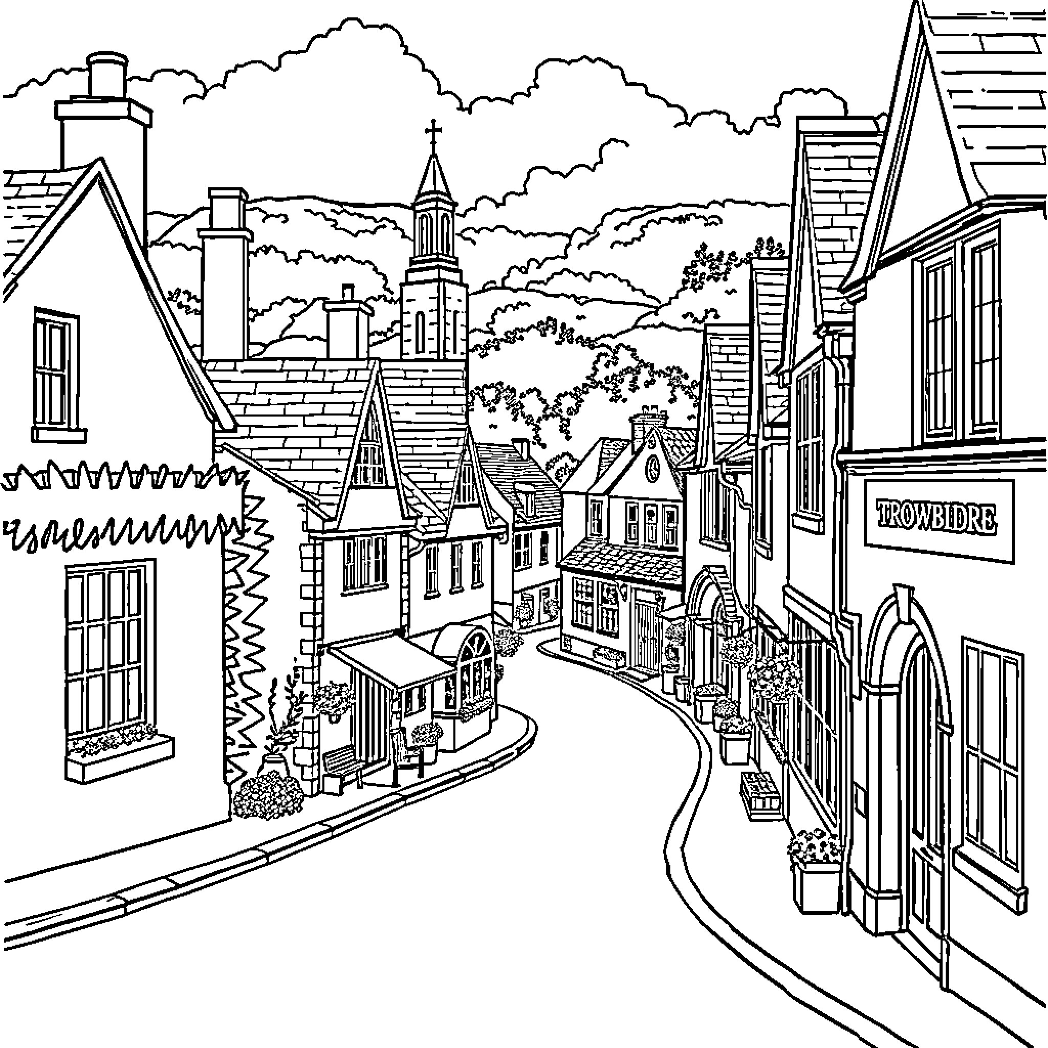 Trowbridge: A quaint town with charming buildings and a winding street Coloring Page (free black-and-white line drawing printable PDF for all, from beginners to advanced learners, including children, teens, adults, and seniors)