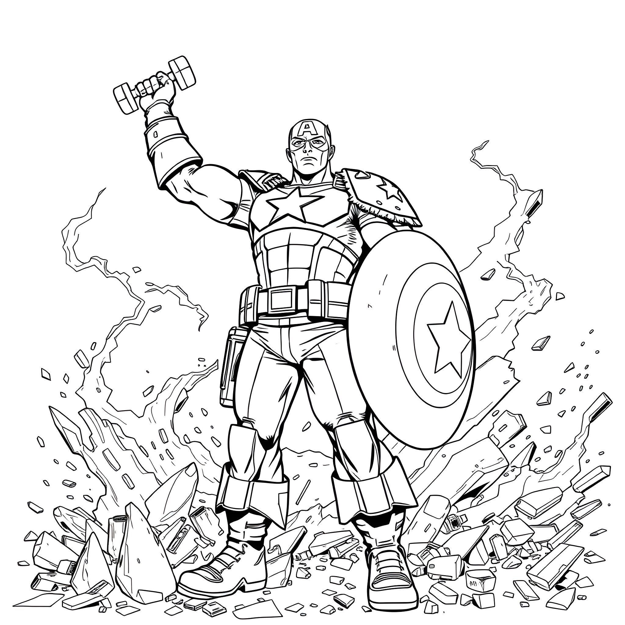 Captain America Battling Heroically Coloring Page (free black-and-white line drawing printable PDF for all, from beginners to advanced learners, including children, teens, adults, and seniors)