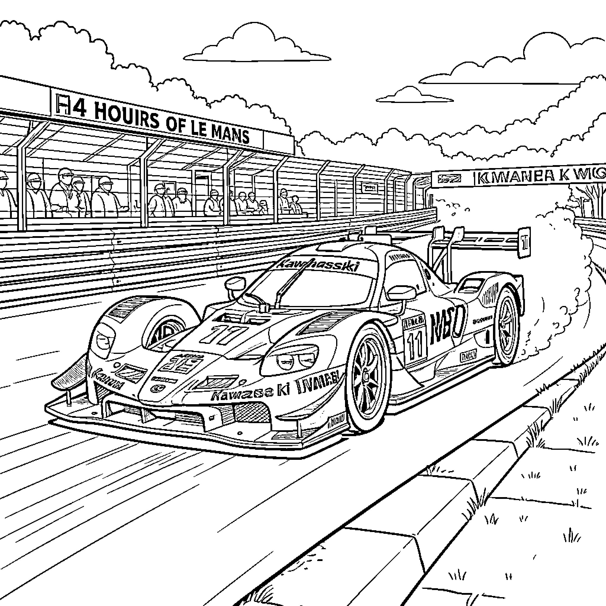 Kawasaki race car speeding through a professional track circuit Coloring Page (free black-and-white line drawing printable PDF for all, from beginners to advanced learners, including children, teens, adults, and seniors)