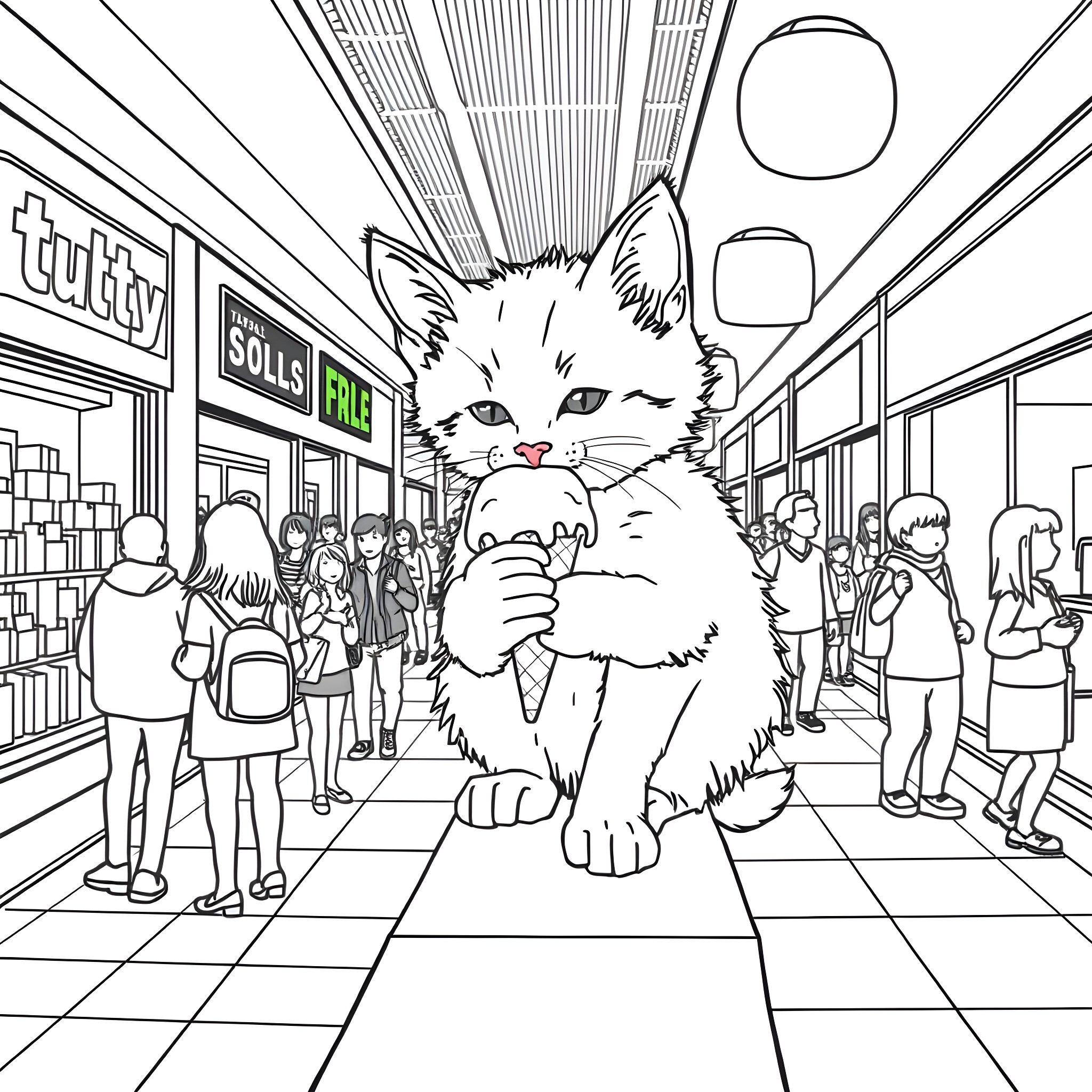 Kitten observing people in a busy store Coloring Page (free black-and-white line drawing printable PDF for all, from beginners to advanced learners, including children, teens, adults, and seniors)