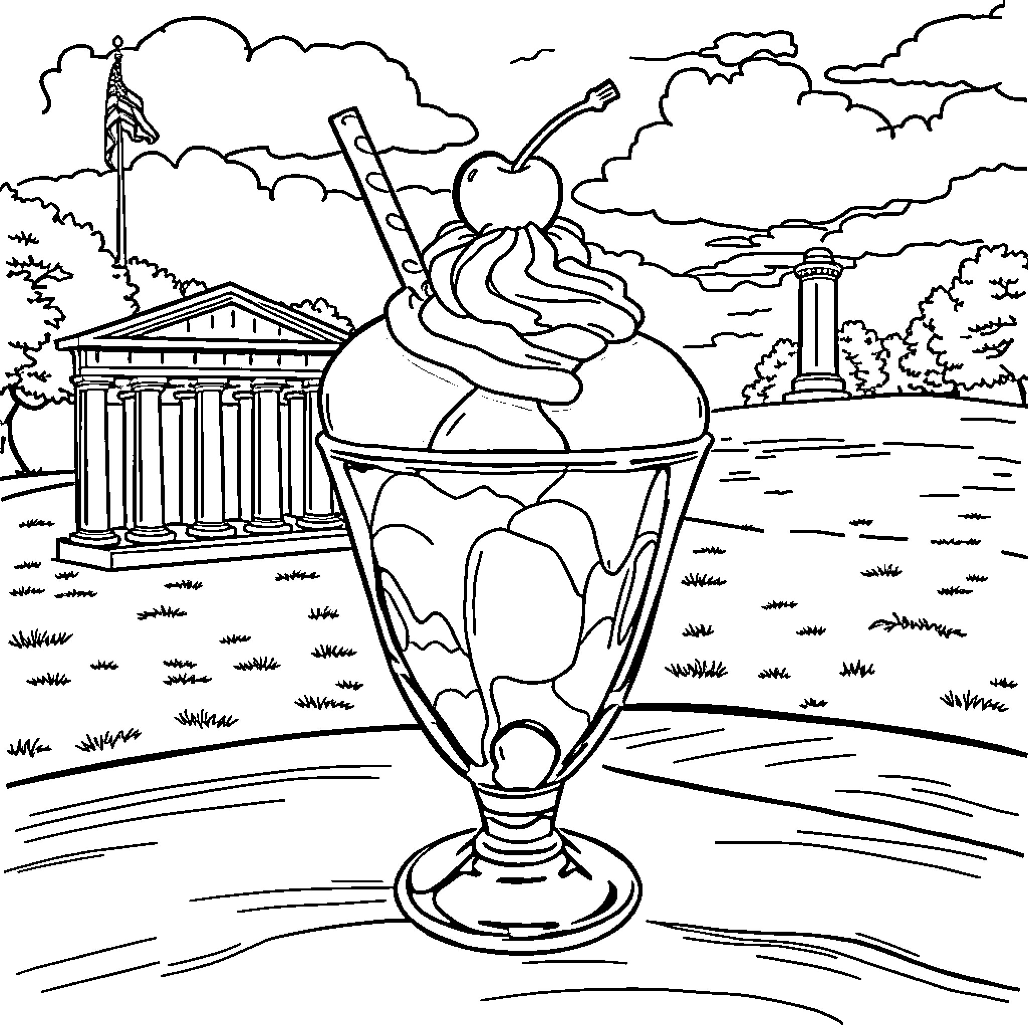 Ice Cream Sundae Delight in Scenic Landscape Coloring Page (free black-and-white line drawing printable PDF for all, from beginners to advanced learners, including children, teens, adults, and seniors)