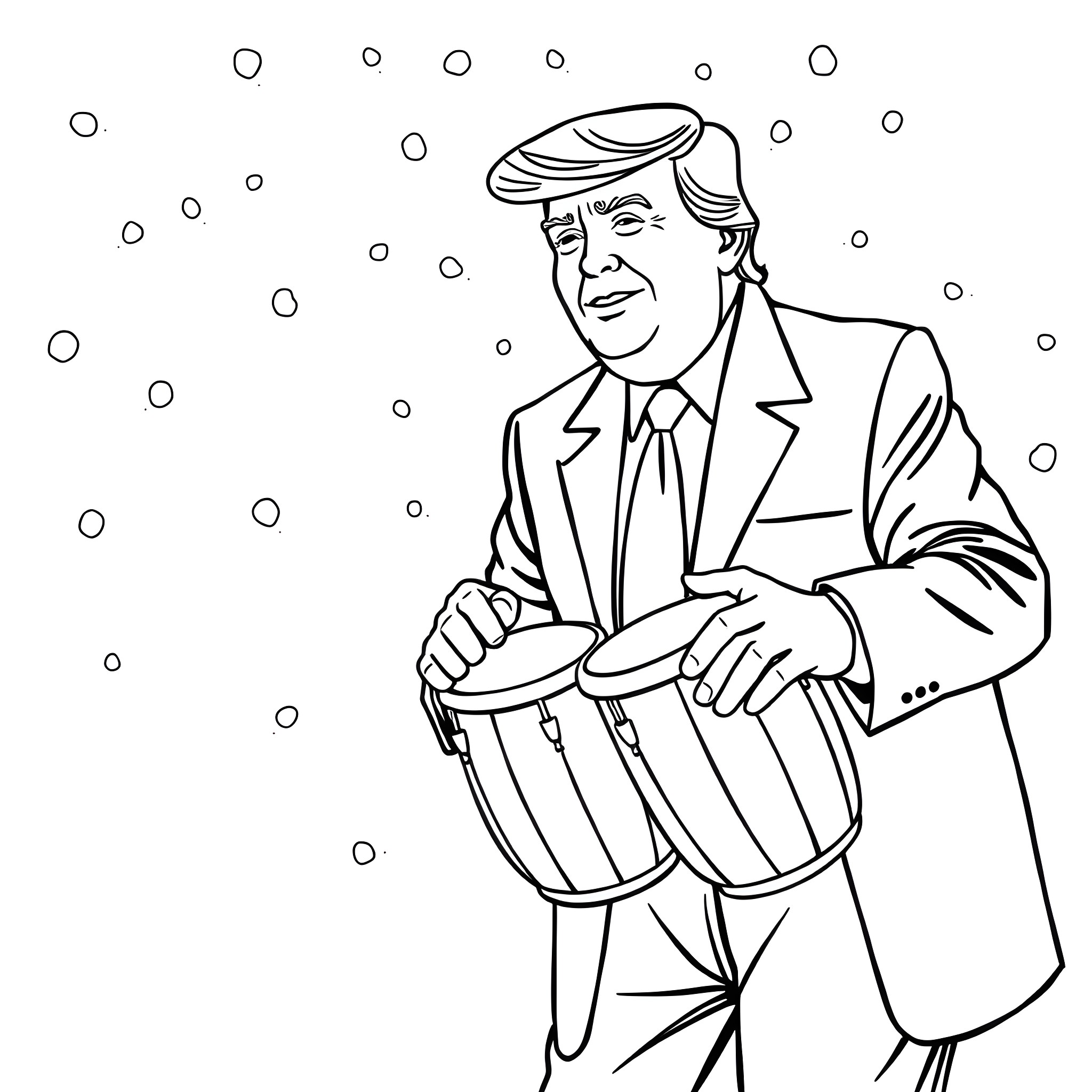 Donald Trump Playing Drums in the Snow Coloring Page (free black-and-white line drawing printable PDF for all, from beginners to advanced learners, including children, teens, adults, and seniors)