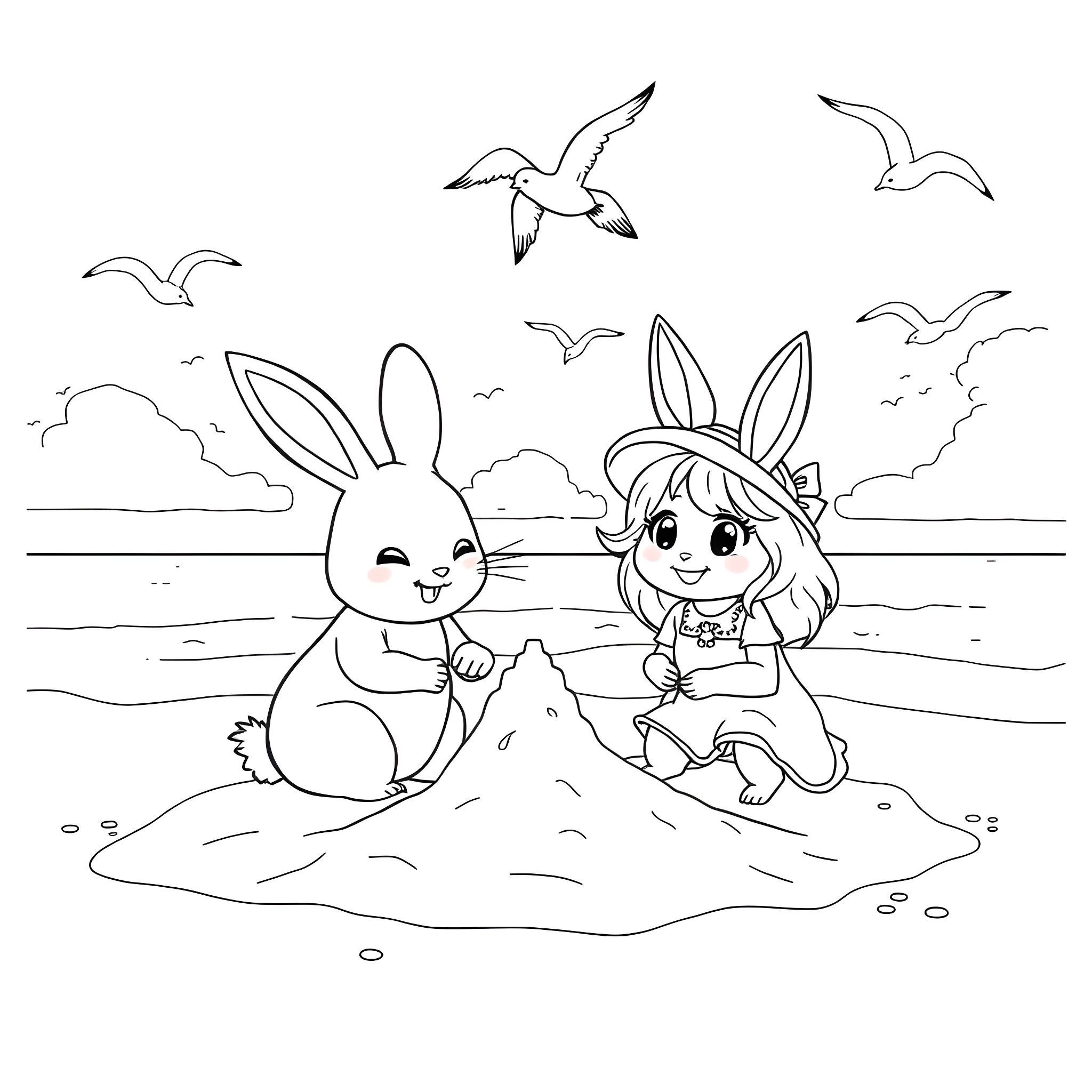 Cream and Amy playing on the beach Coloring Page (free black-and-white line drawing printable PDF for all, from beginners to advanced learners, including children, teens, adults, and seniors)