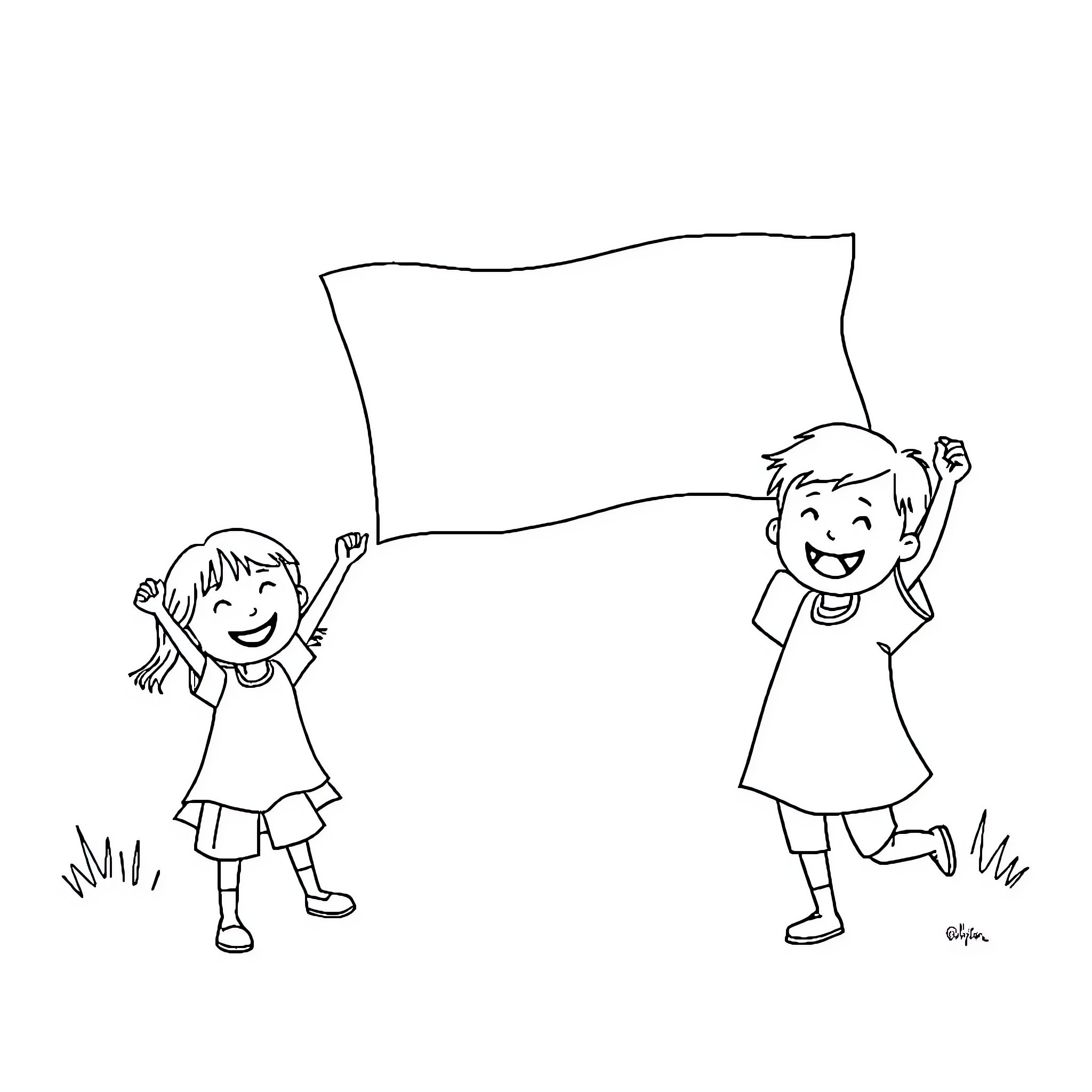 Flag Waving Children Joyfully Outdoors Coloring Page (free black-and-white line drawing printable PDF for all, from beginners to advanced learners, including children, teens, adults, and seniors)