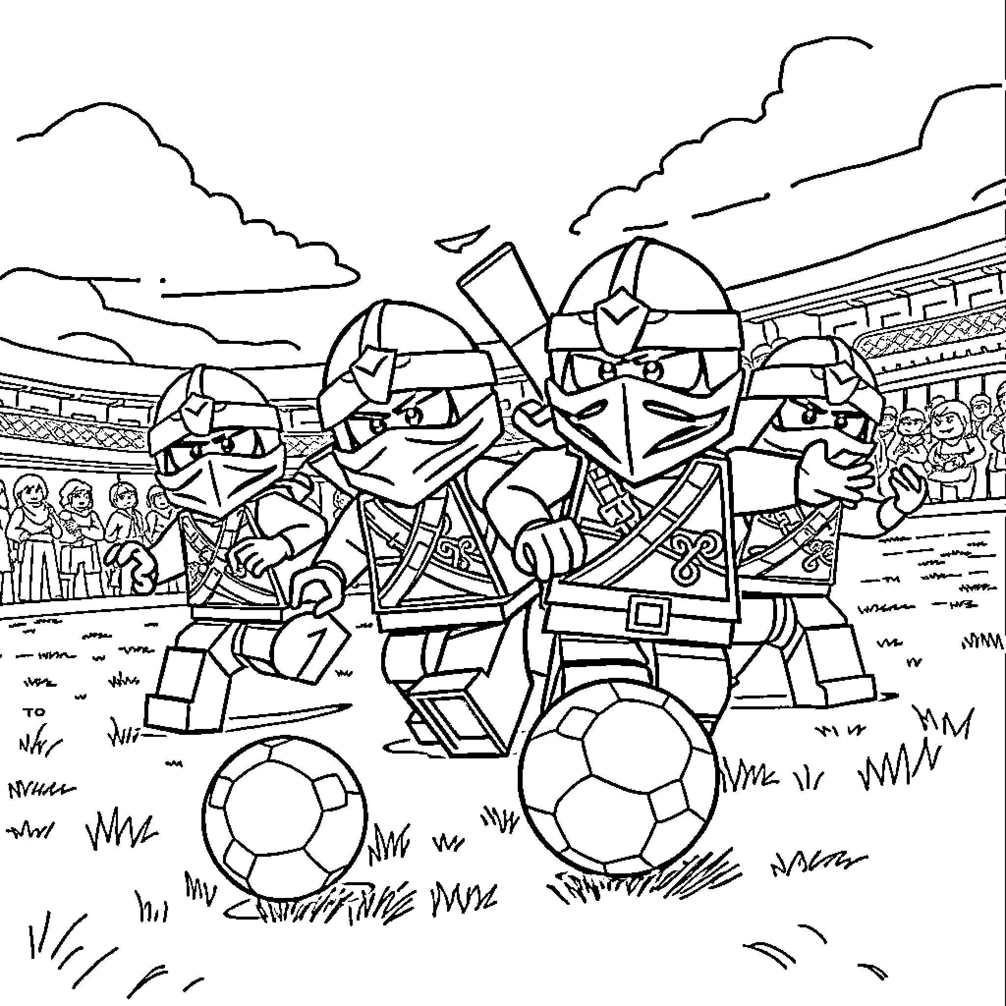 Lego Ninjago characters playing soccer in arena Coloring Page (free black-and-white line drawing printable PDF for all, from beginners to advanced learners, including children, teens, adults, and seniors)
