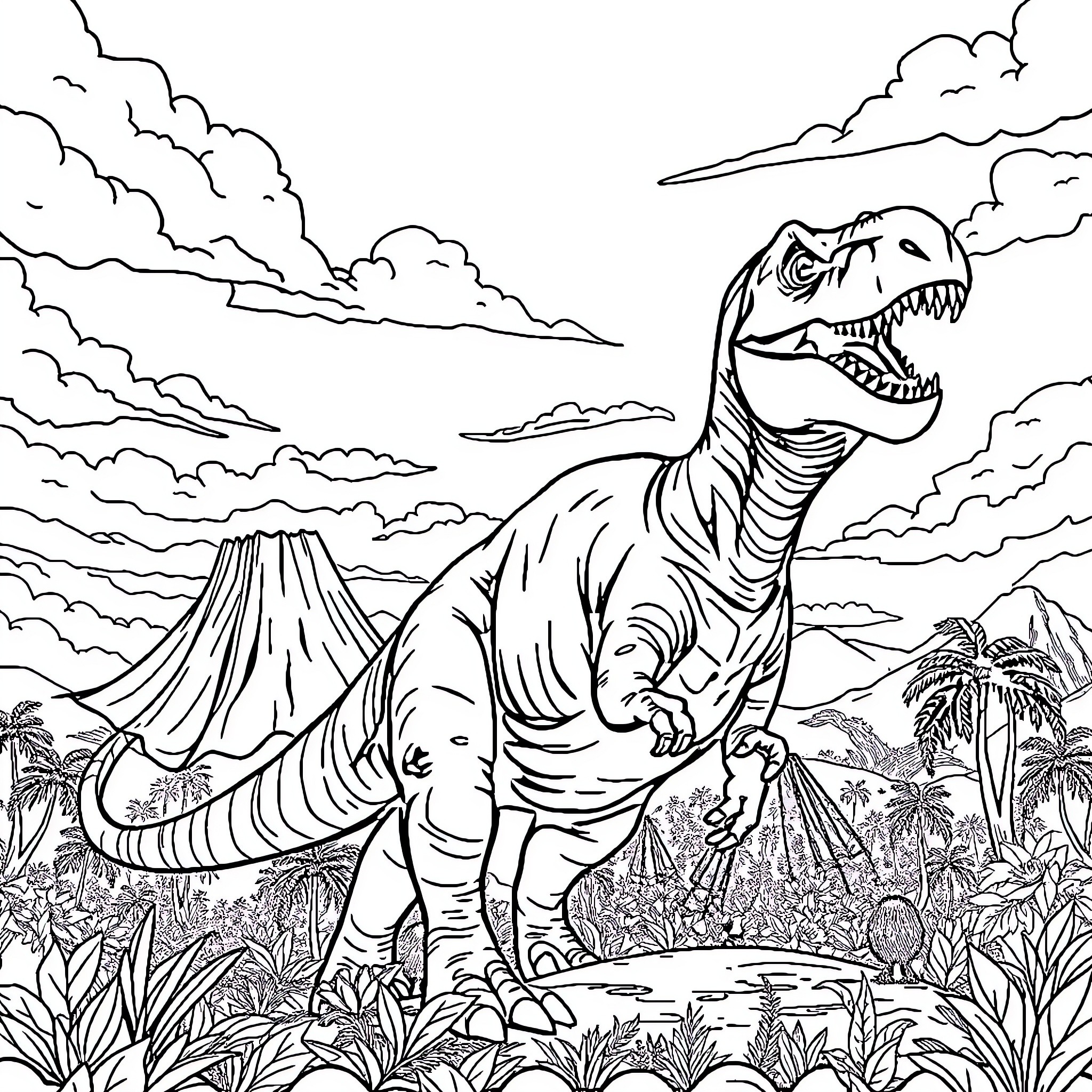Dinosaur roaming in prehistoric landscape Coloring Page (free black-and-white line drawing printable PDF for all, from beginners to advanced learners, including children, teens, adults, and seniors)