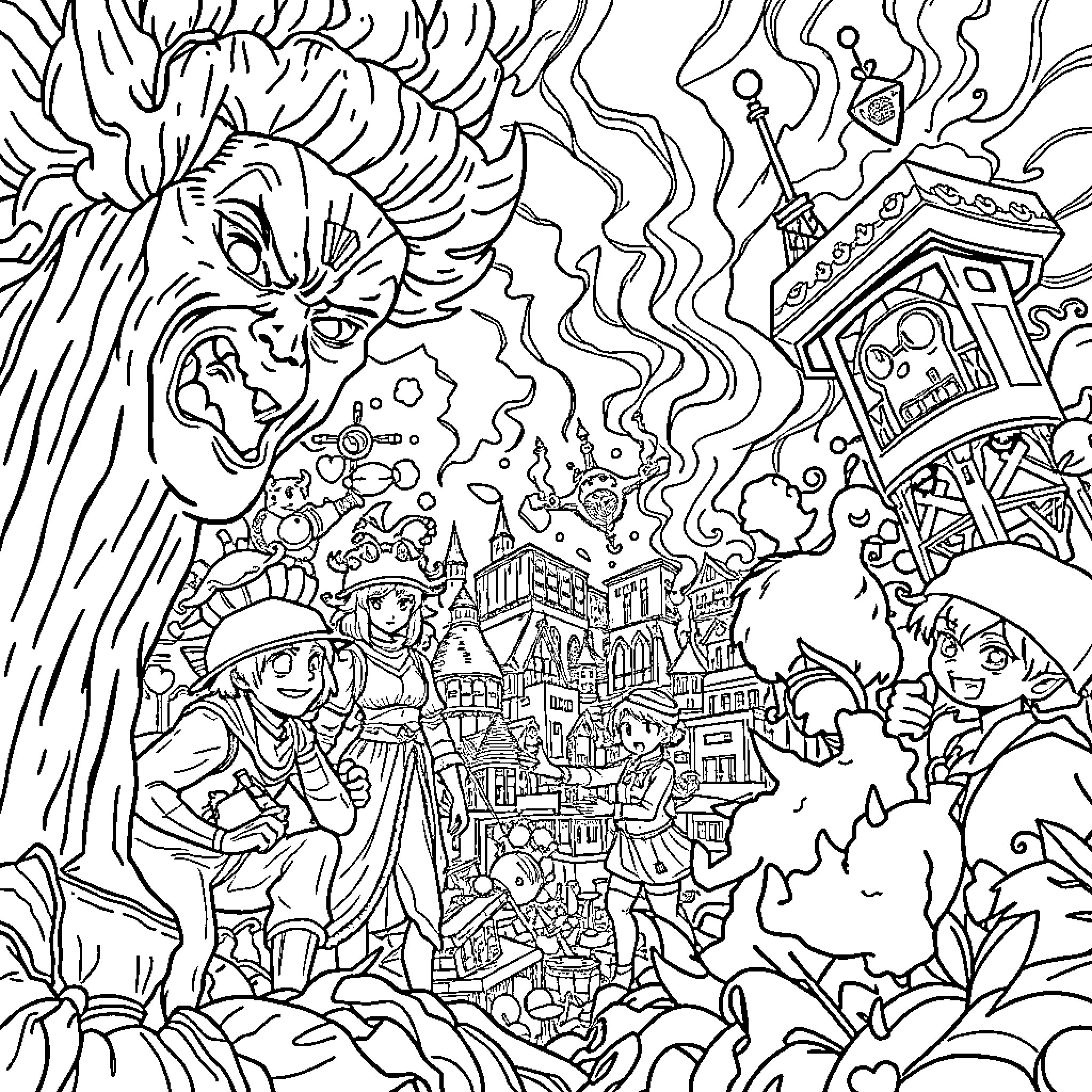 Manga Fantasy Characters in Mythical Landscape Coloring Page (free black-and-white line drawing printable PDF for all, from beginners to advanced learners, including children, teens, adults, and seniors)