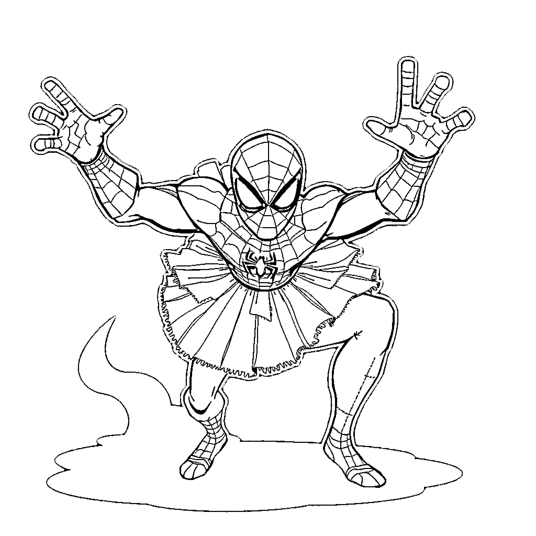 Spiderman posing with outstretched arms Coloring Page (free black-and-white line drawing printable PDF for all, from beginners to advanced learners, including children, teens, adults, and seniors)