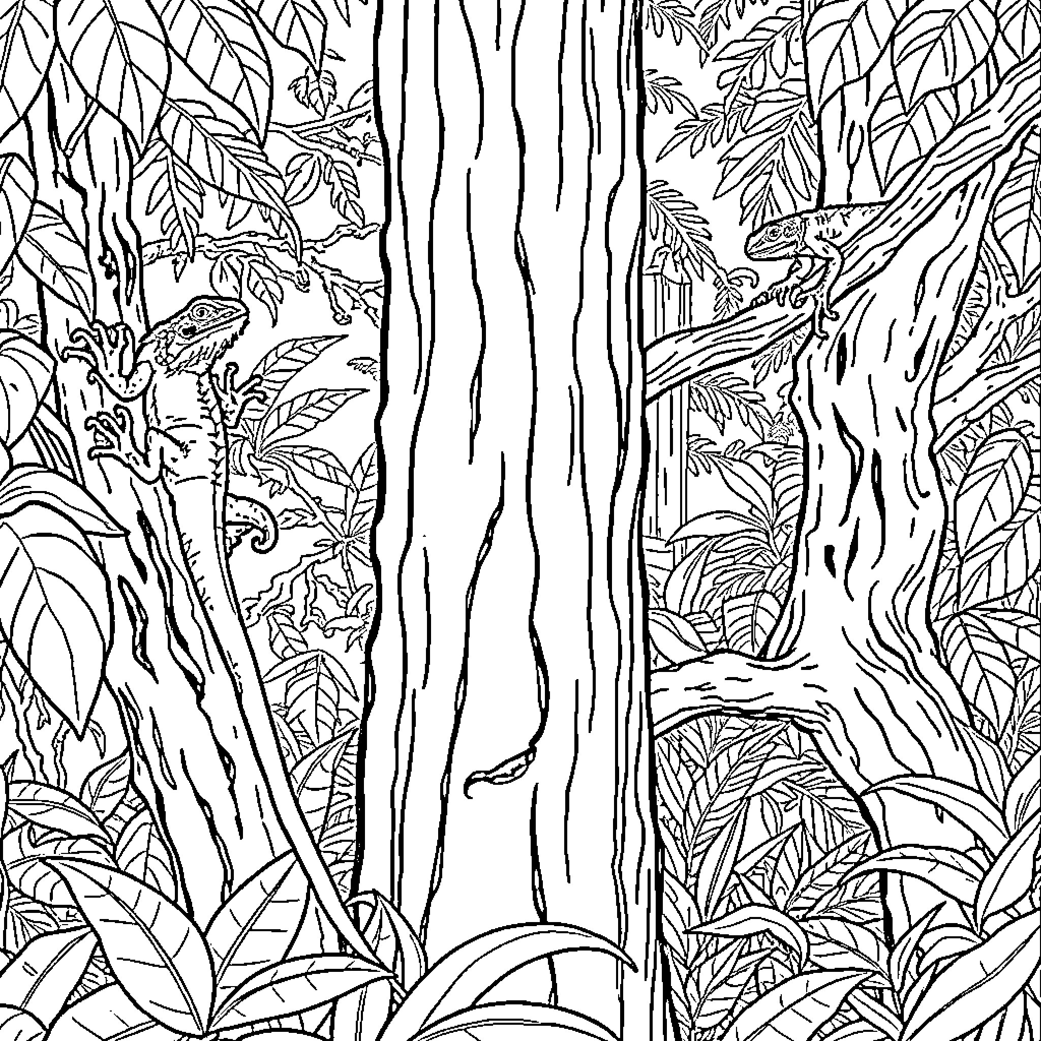 Lizards exploring the lush forest landscape Coloring Page (free black-and-white line drawing printable PDF for all, from beginners to advanced learners, including children, teens, adults, and seniors)