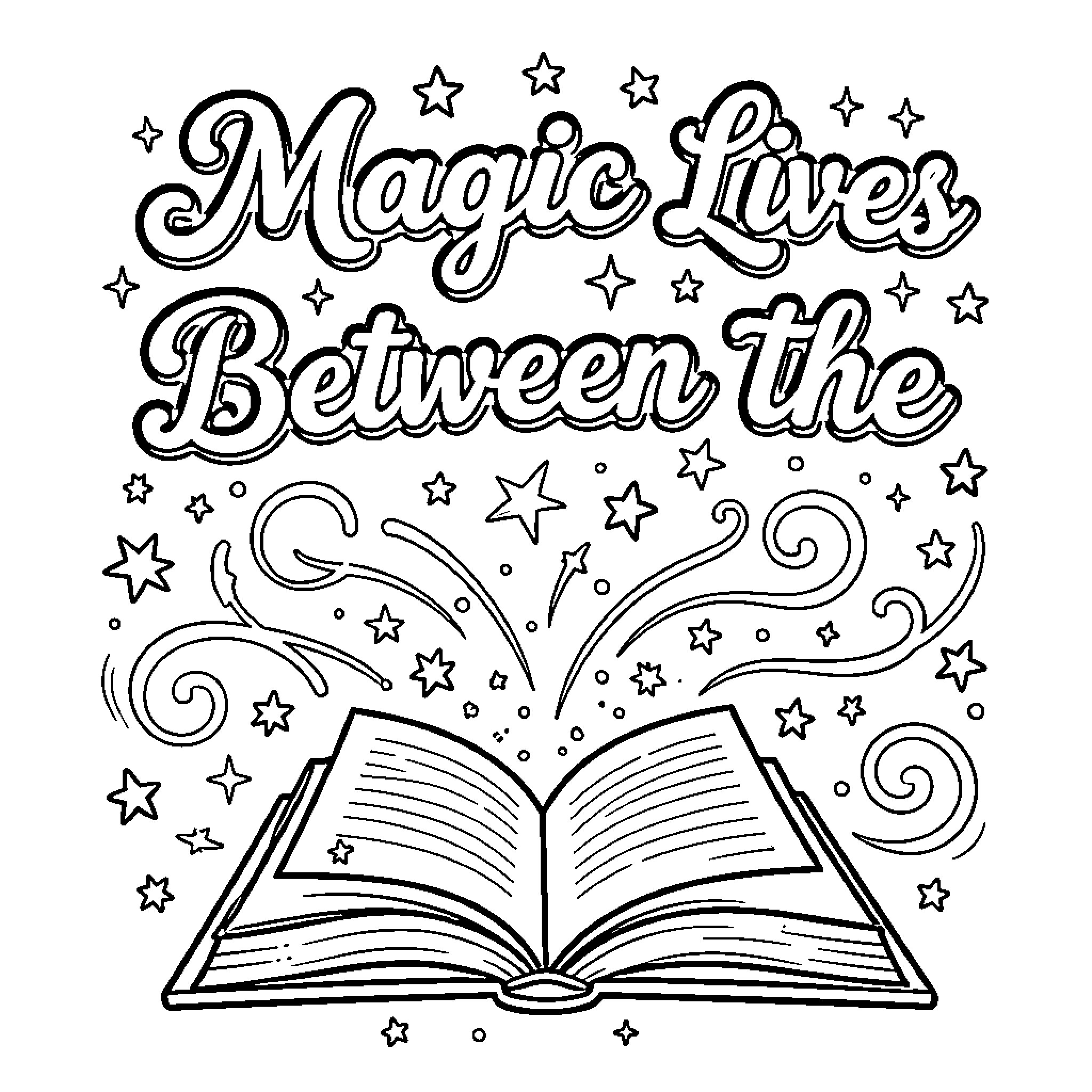 Book of Magic Lives Between the Stars Coloring Page (free black-and-white line drawing printable PDF for all, from beginners to advanced learners, including children, teens, adults, and seniors)